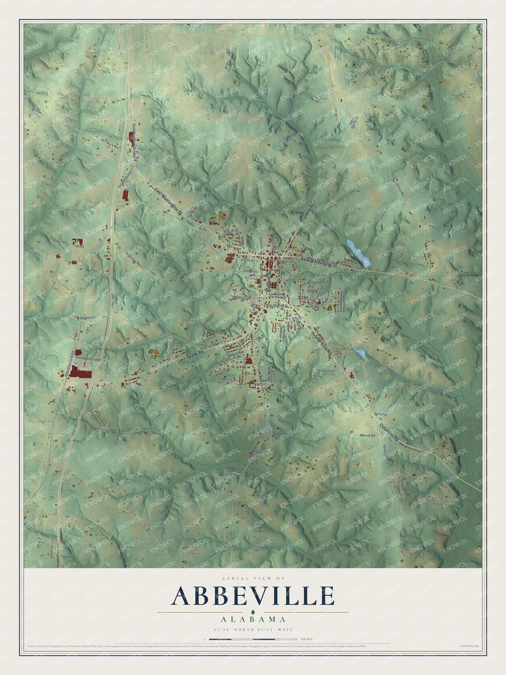 Full map of Abbeville, Alabama, with red buildings, printed street names and the land around them