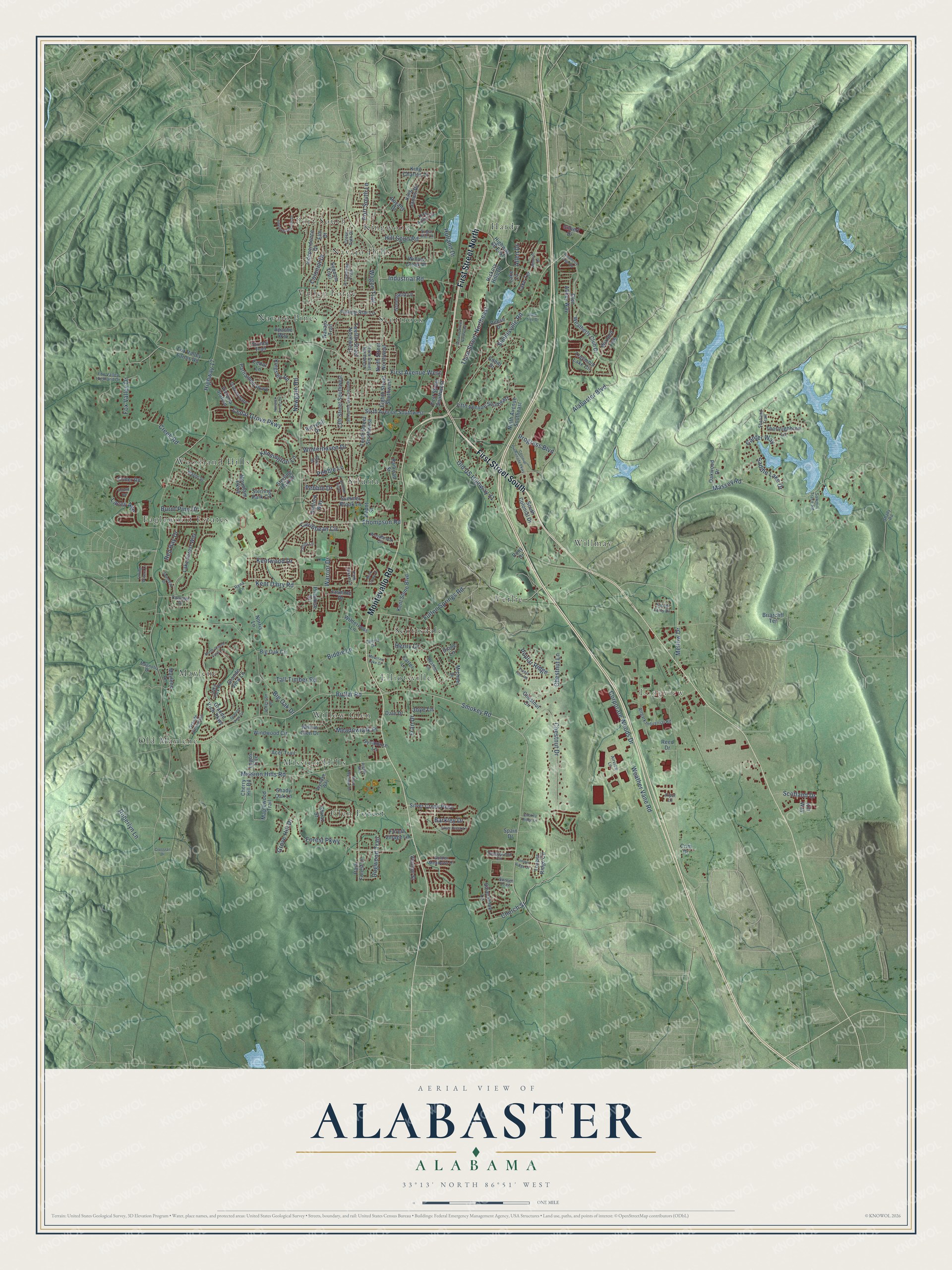 Full map of Alabaster, Alabama, with red buildings, printed street names and the land around them