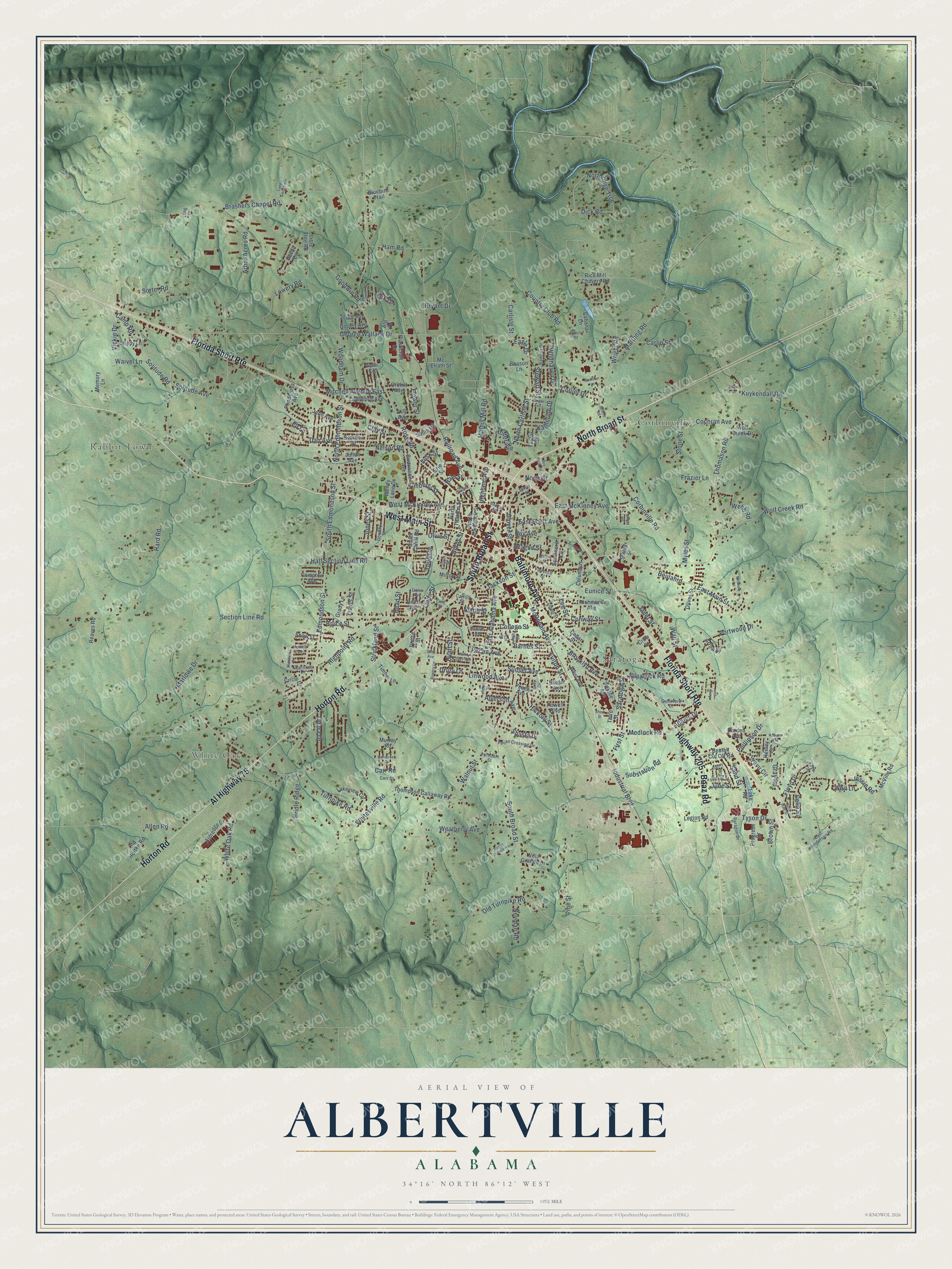 Full map of Albertville, Alabama, with red buildings, printed street names and the land around them