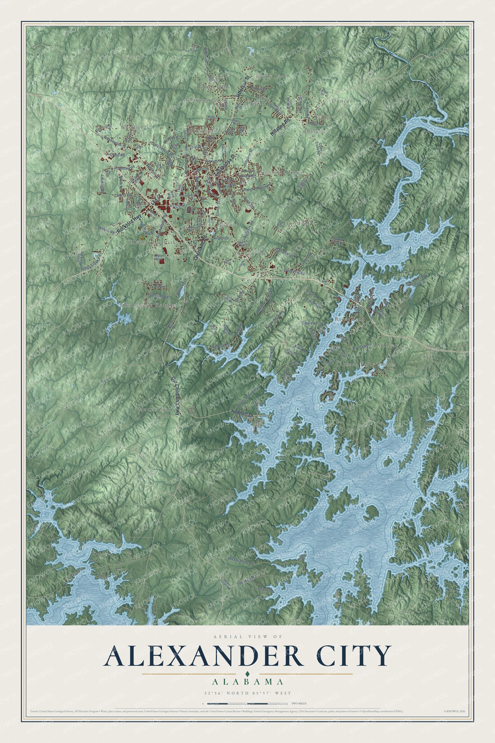 Full map of Alexander City, Alabama, with red buildings, printed street names and the land around them