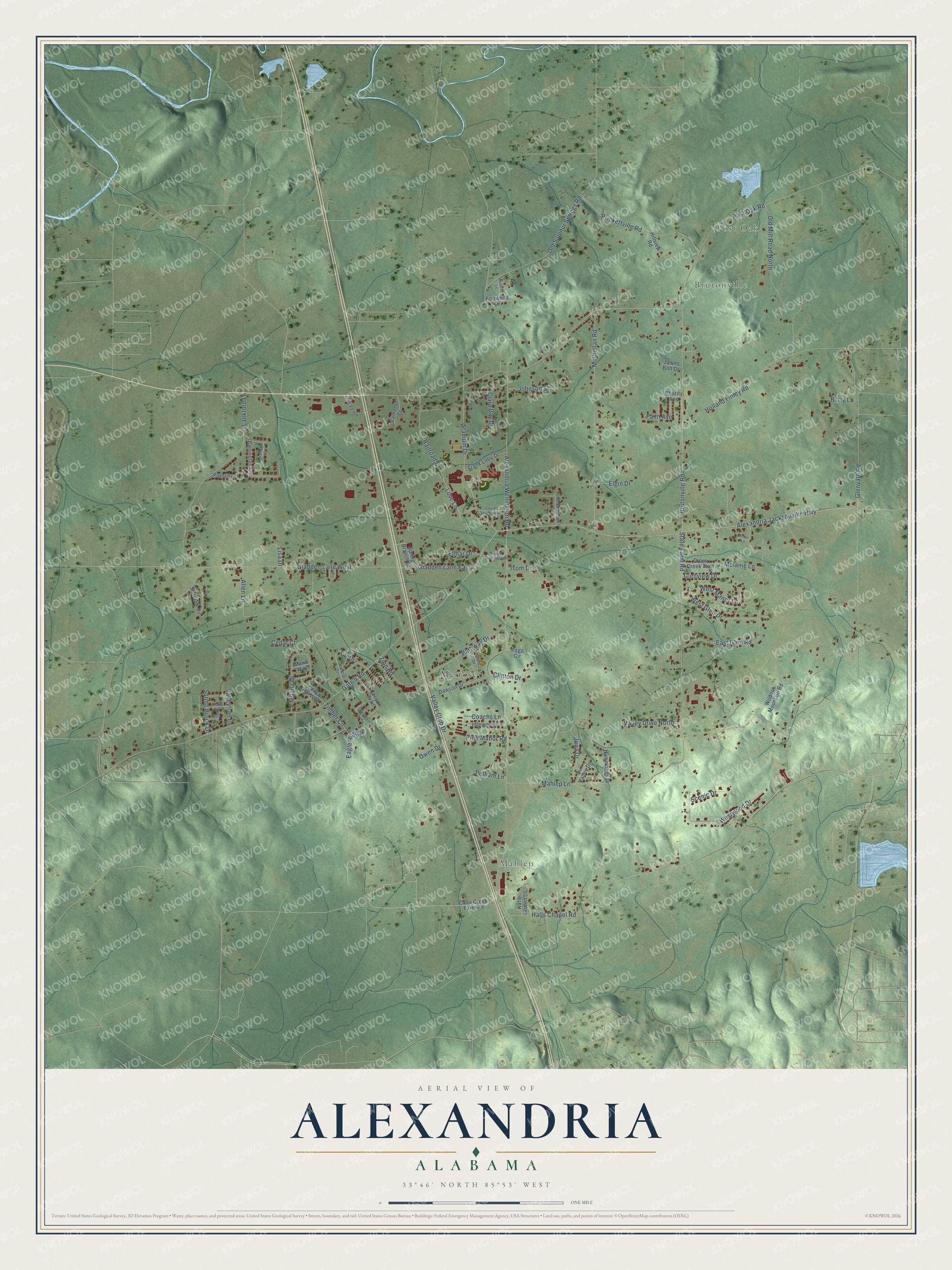 Full map of Alexandria, Alabama, with red buildings, printed street names and the land around them