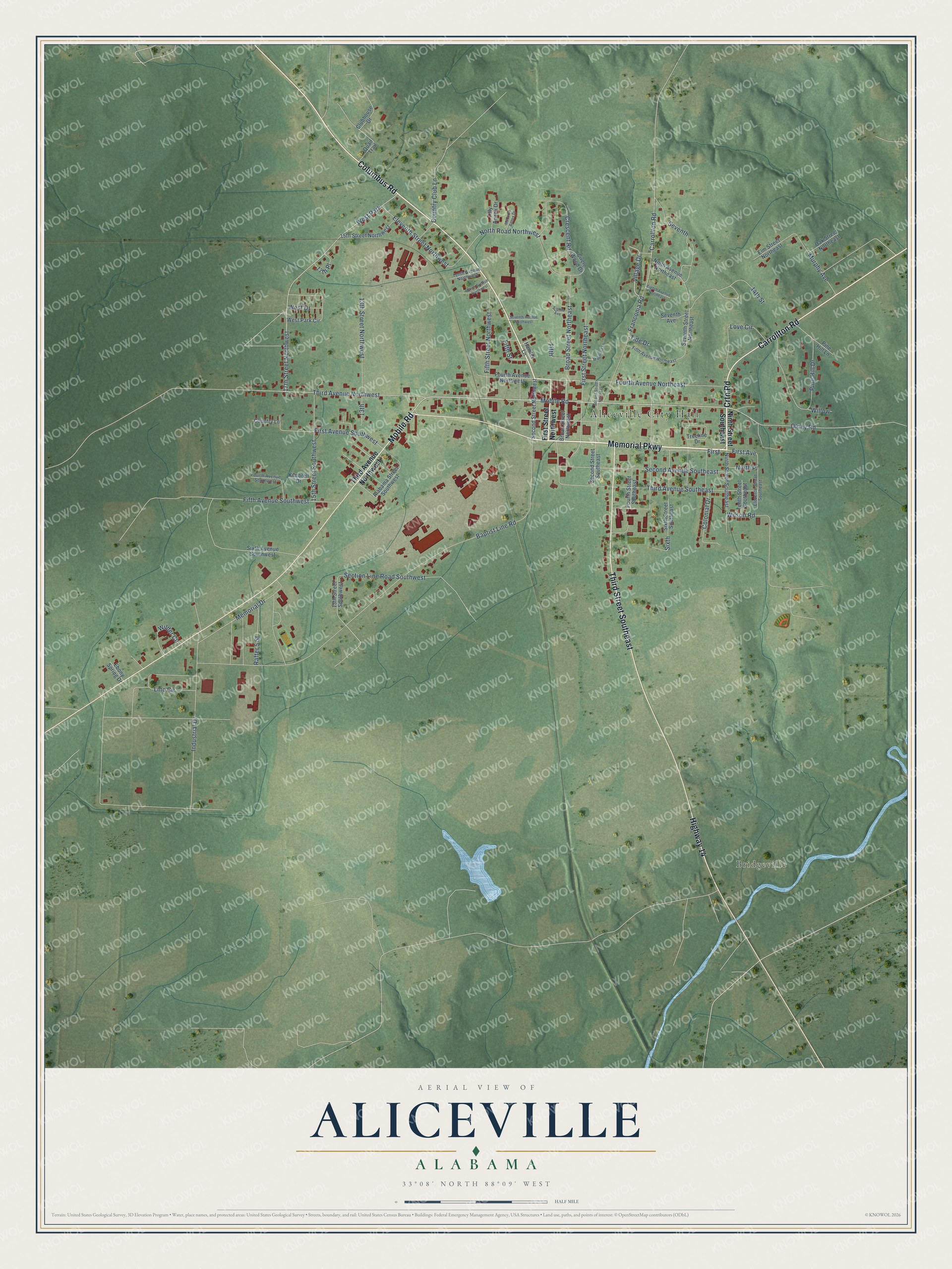 Full map of Aliceville, Alabama, with red buildings, printed street names and the land around them