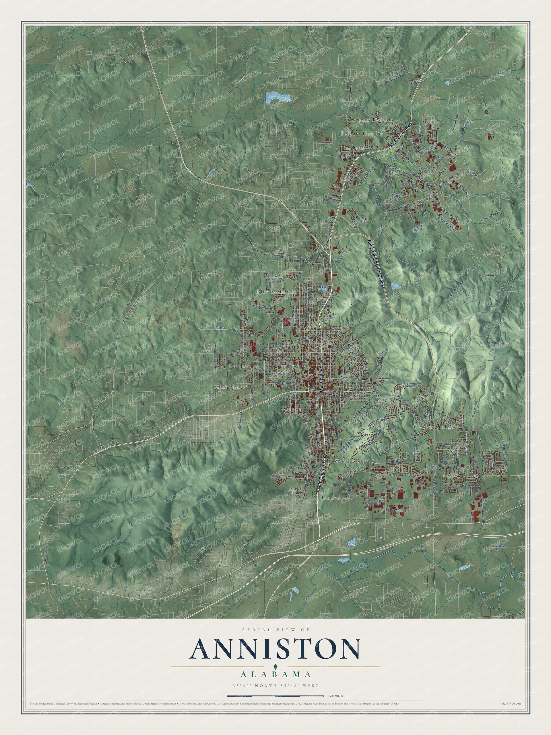 Full map of Anniston, Alabama, with red buildings, printed street names and the land around them
