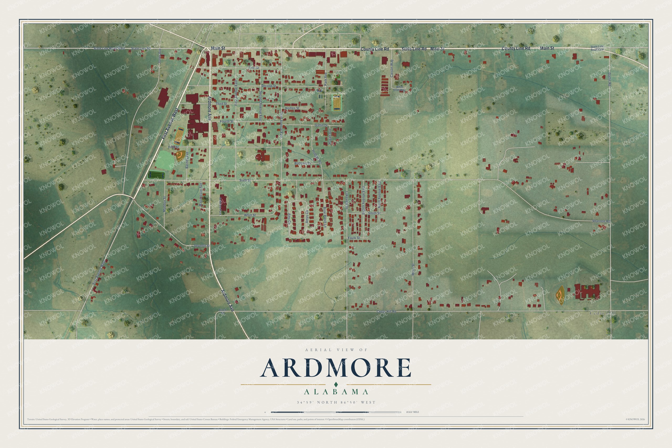 Full map of Ardmore, Alabama, with red buildings, printed street names and the land around them