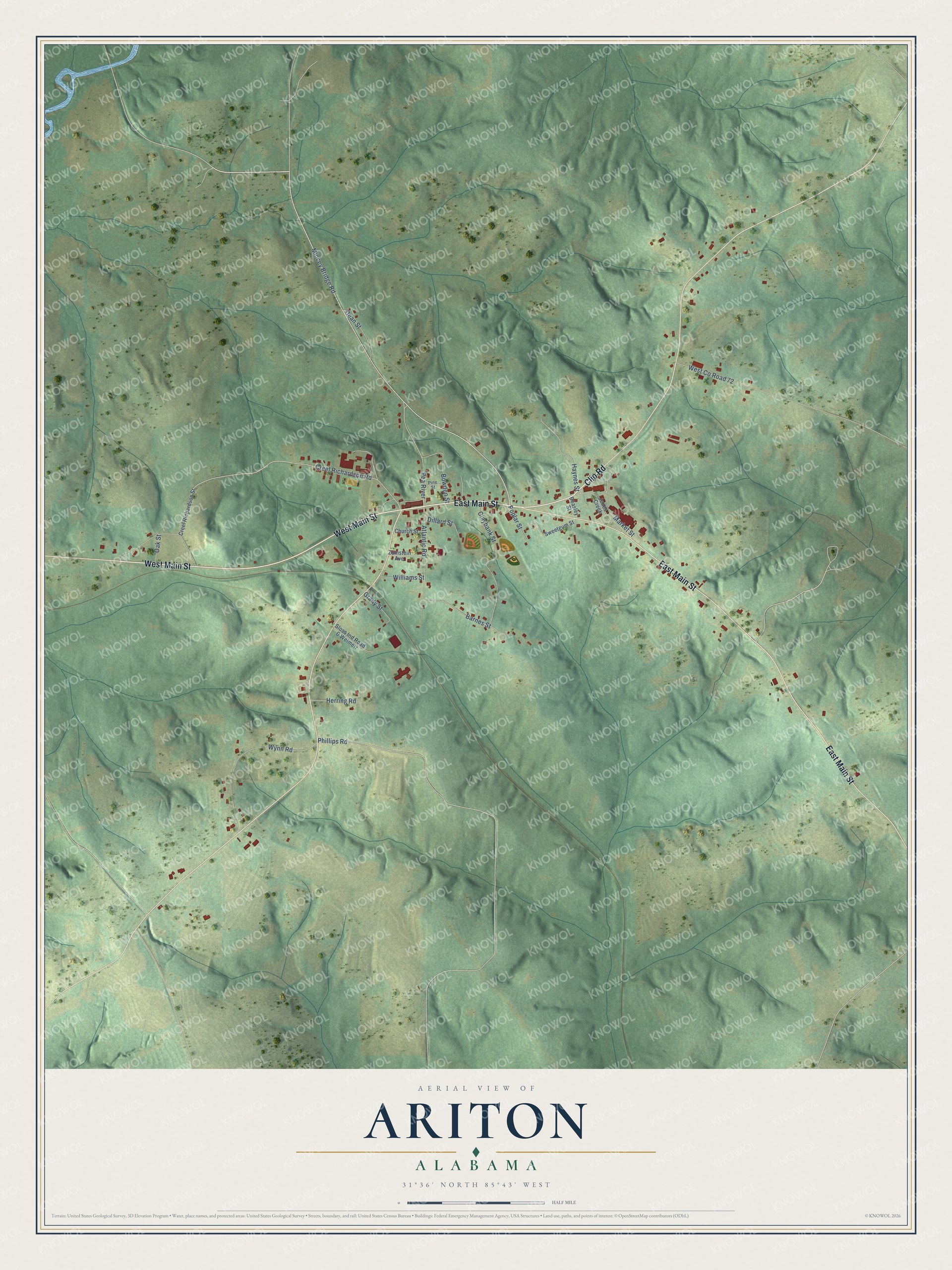 Full map of Ariton, Alabama, with red buildings, printed street names and the land around them