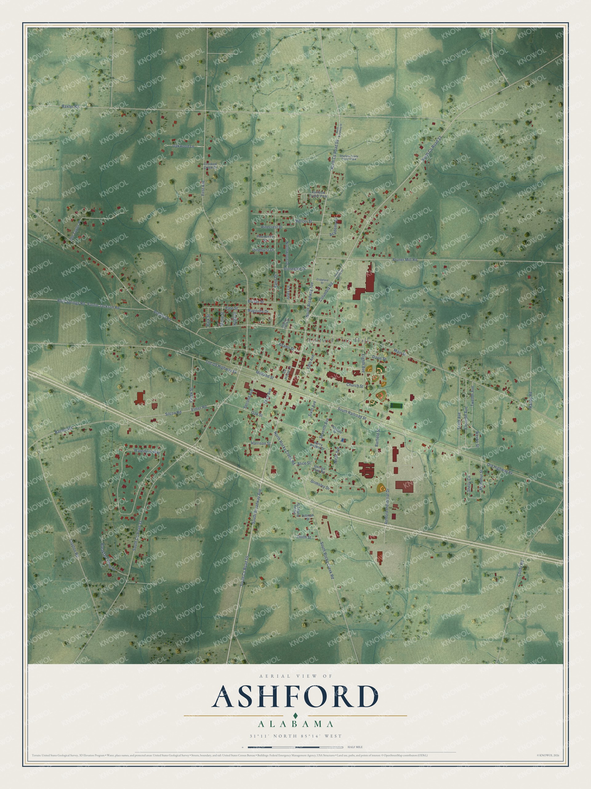 Full map of Ashford, Alabama, with red buildings, printed street names and the land around them