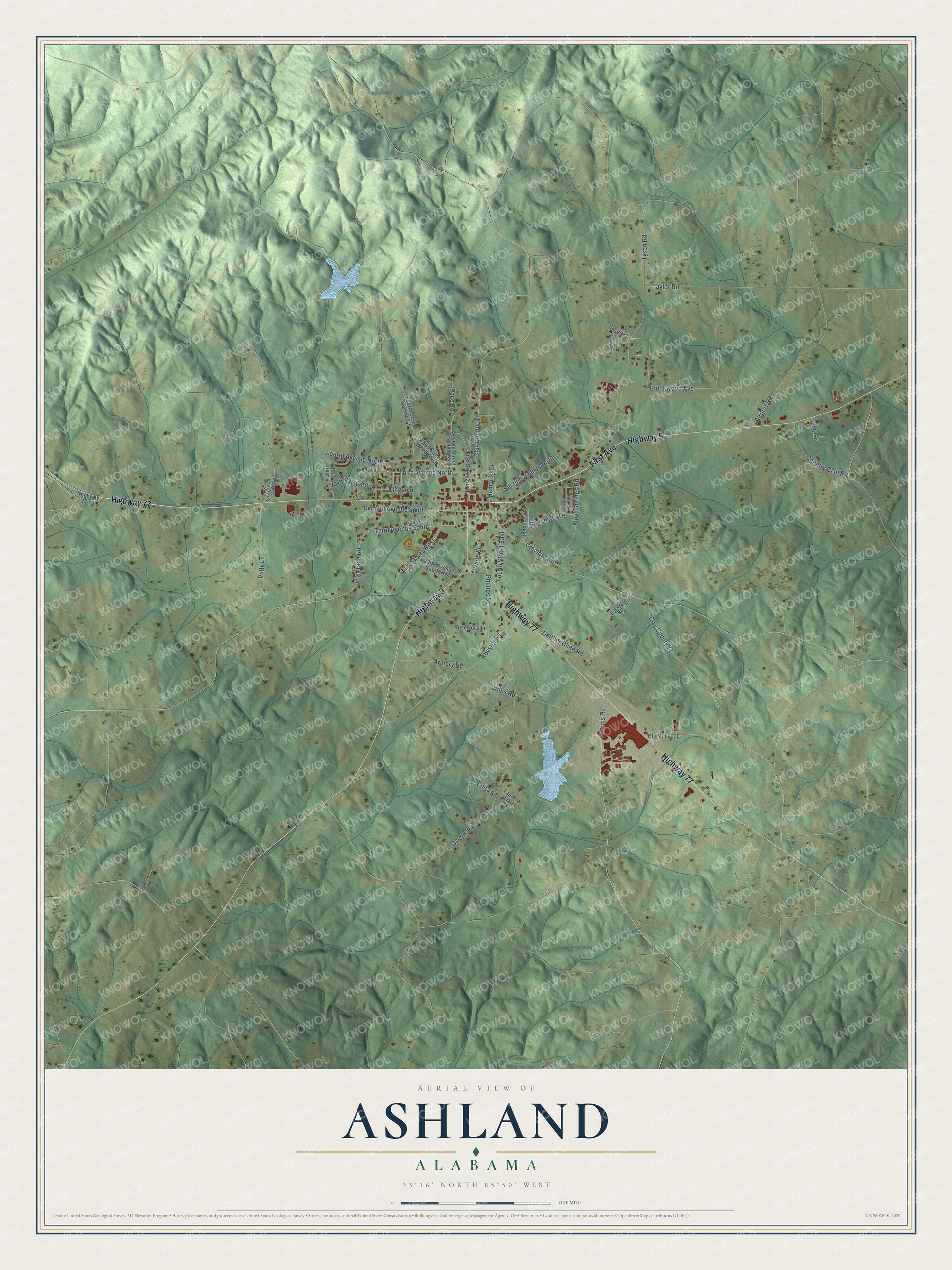 Full map of Ashland, Alabama, with red buildings, printed street names and the land around them