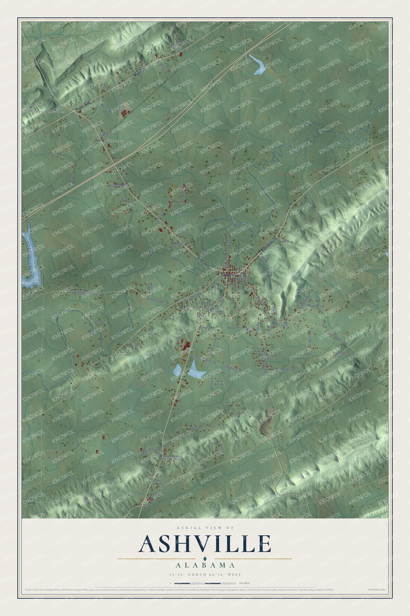 Full map of Ashville, Alabama, with red buildings, printed street names and the land around them