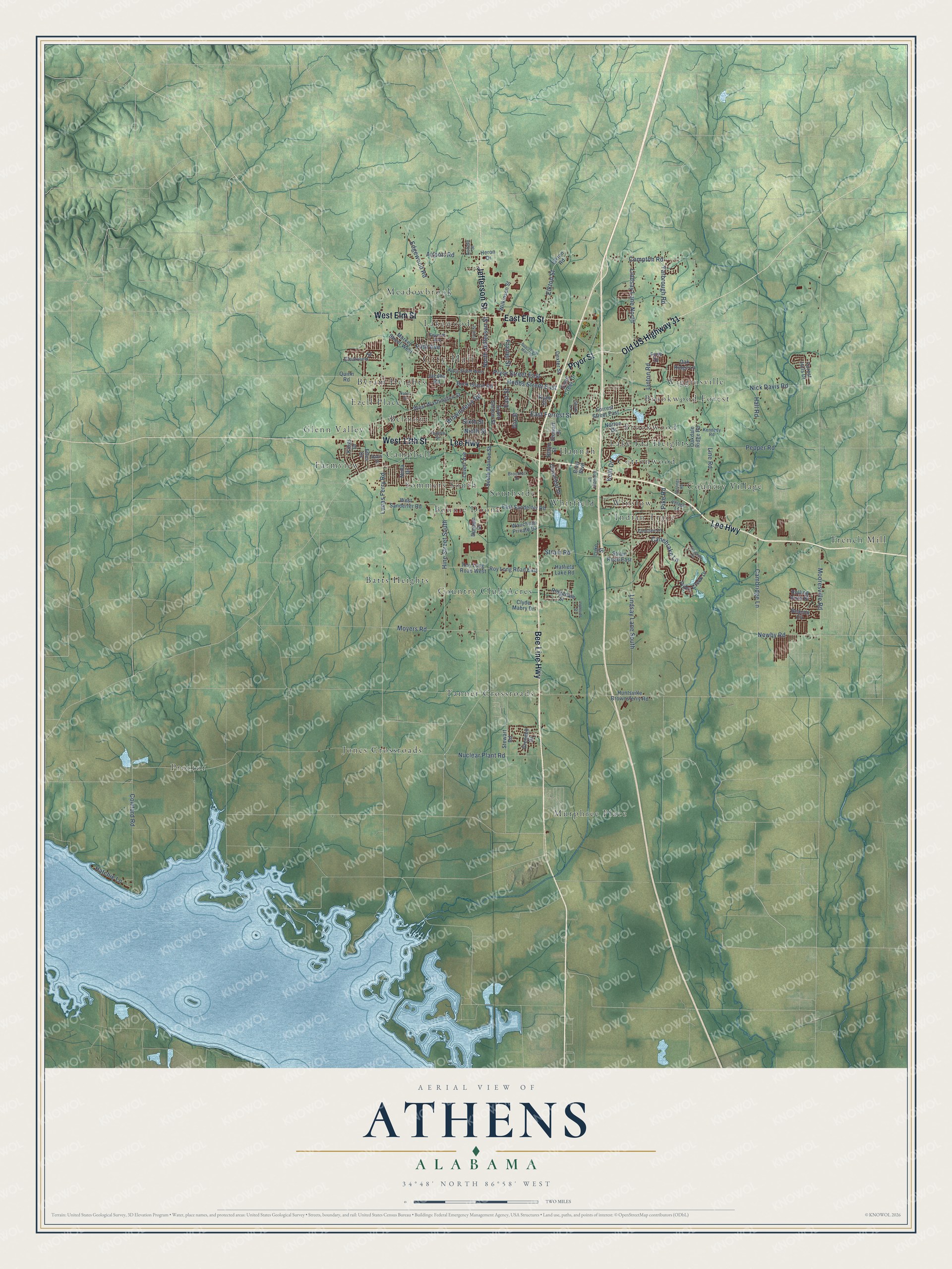 Full map of Athens, Alabama, with red buildings, printed street names and the land around them