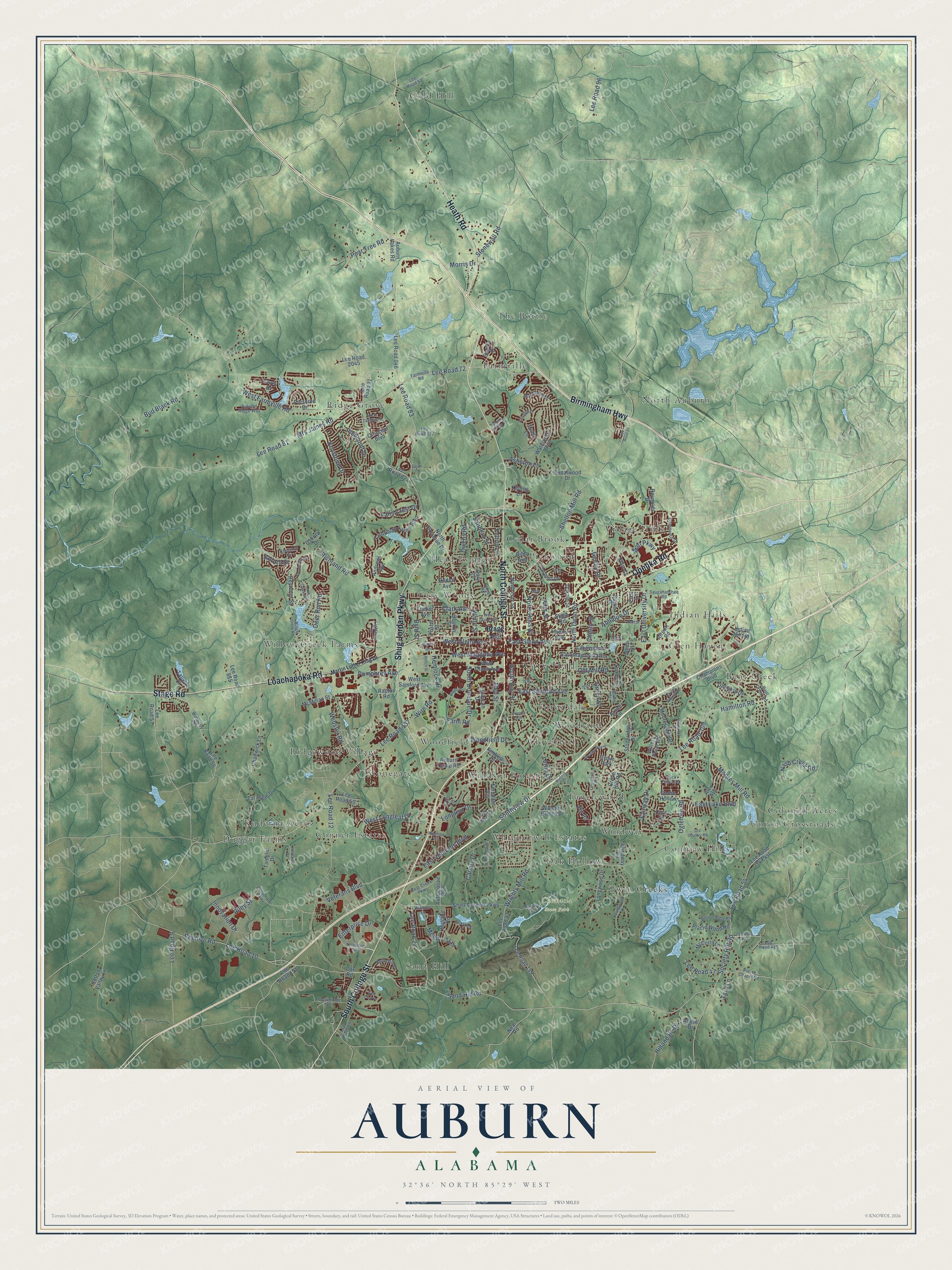 Full map of Auburn, Alabama, with red buildings, printed street names and the land around them