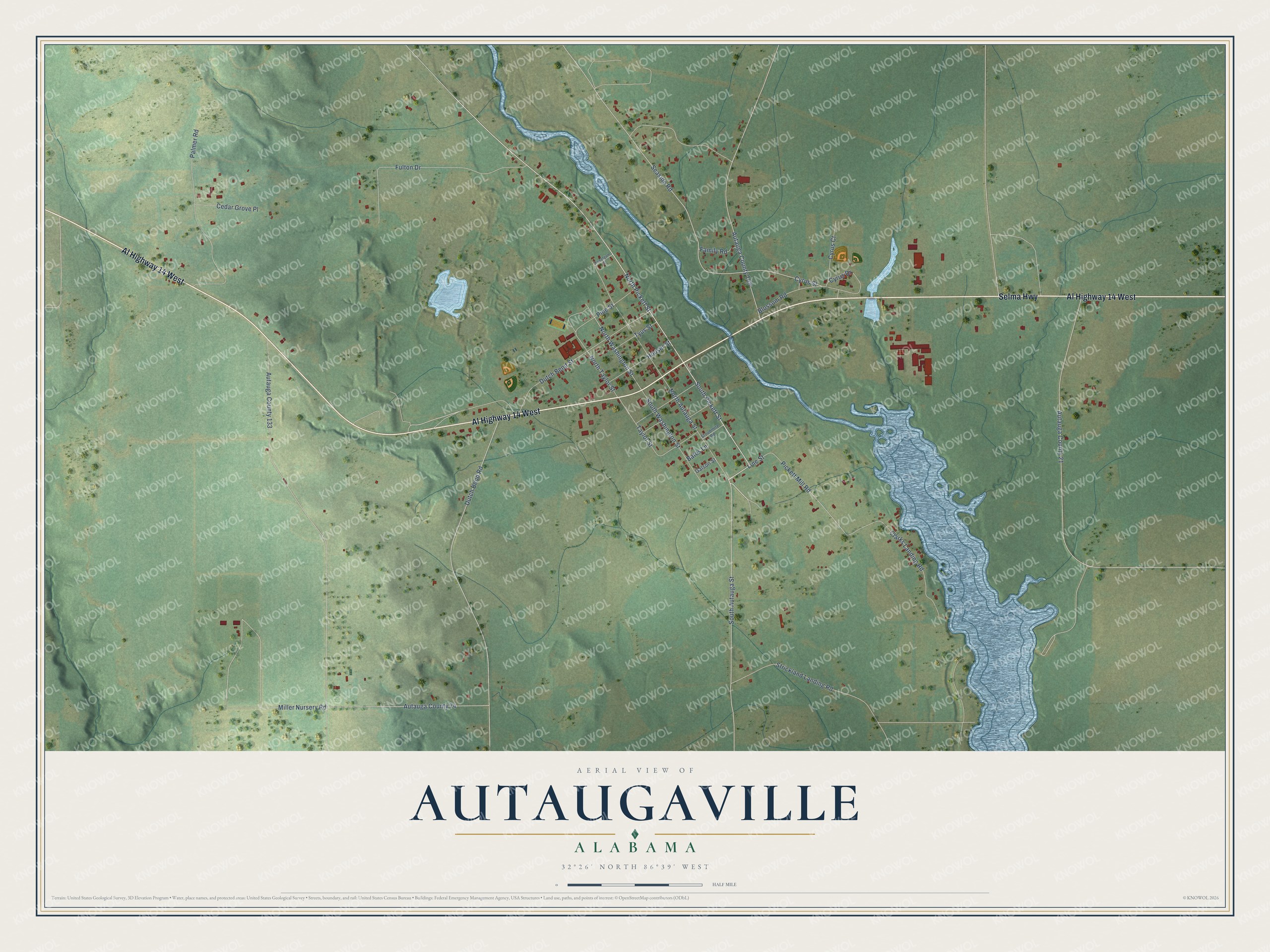 Full map of Autaugaville, Alabama, with red buildings, printed street names and the land around them