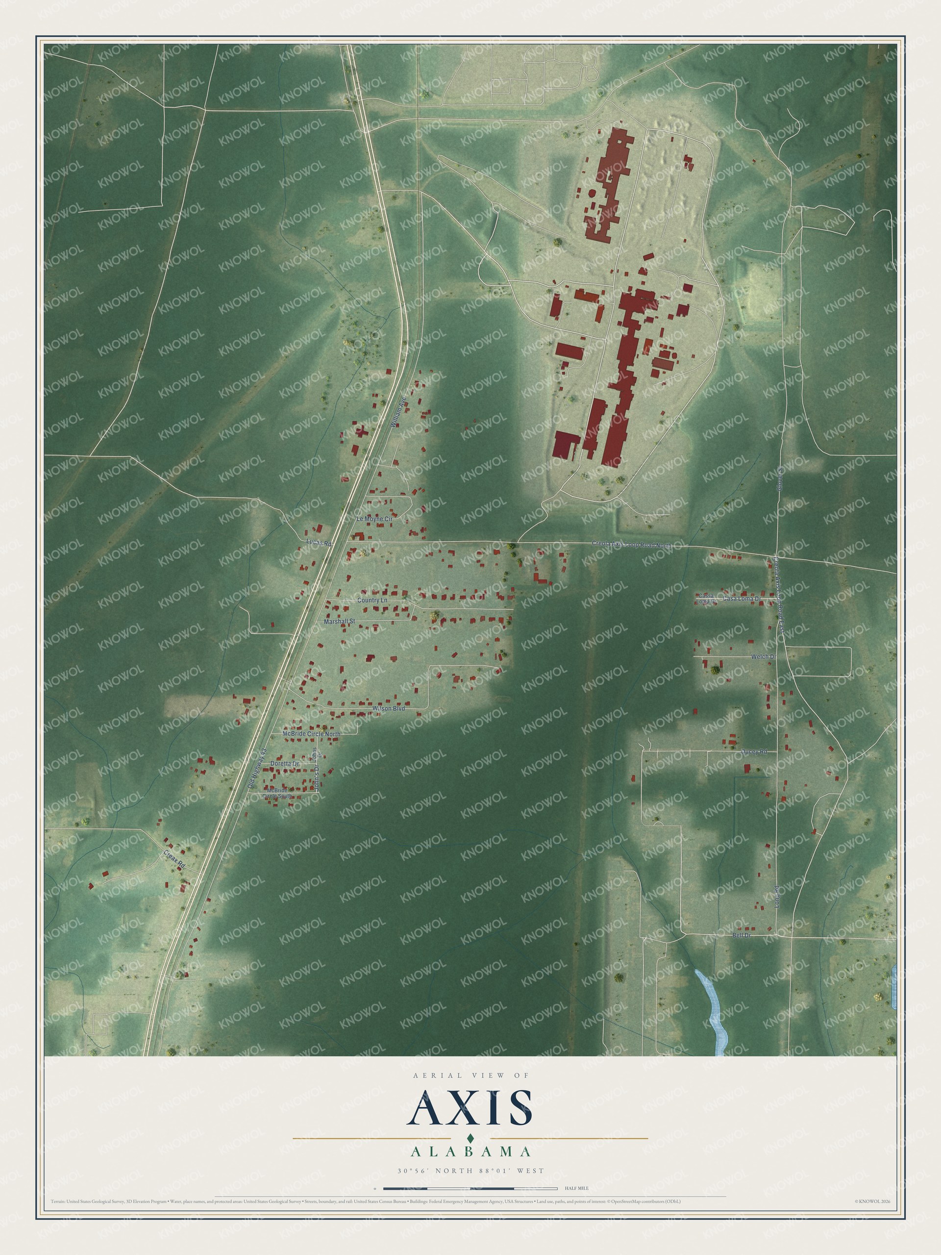 Full map of Axis, Alabama, with red buildings, printed street names and the land around them