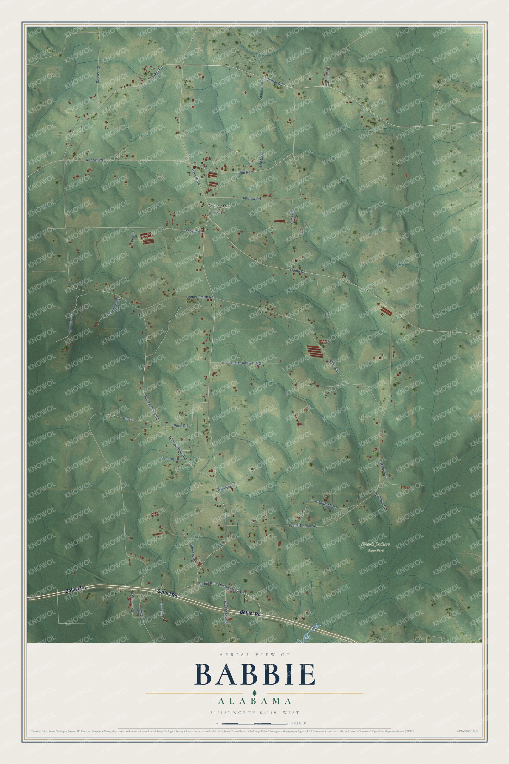 Full map of Babbie, Alabama, with red buildings, printed street names and the land around them