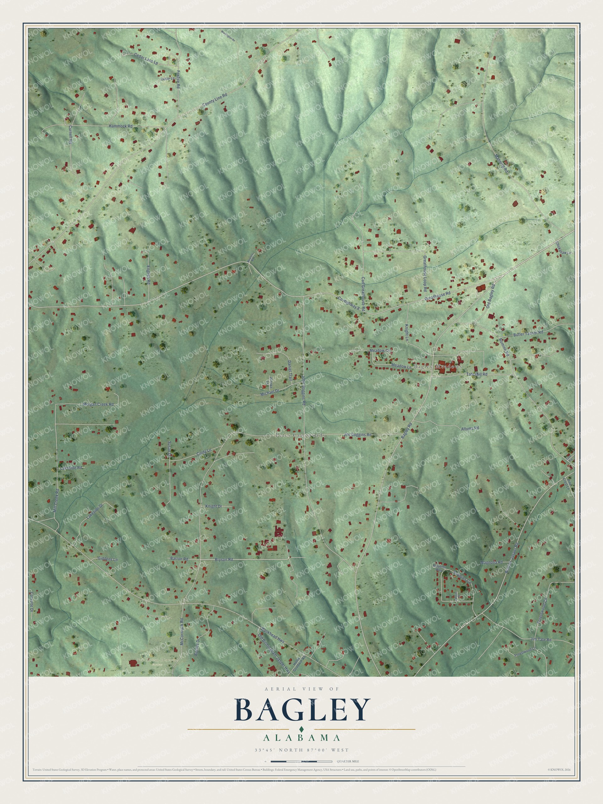 Full map of Bagley, Alabama, with red buildings, printed street names and the land around them