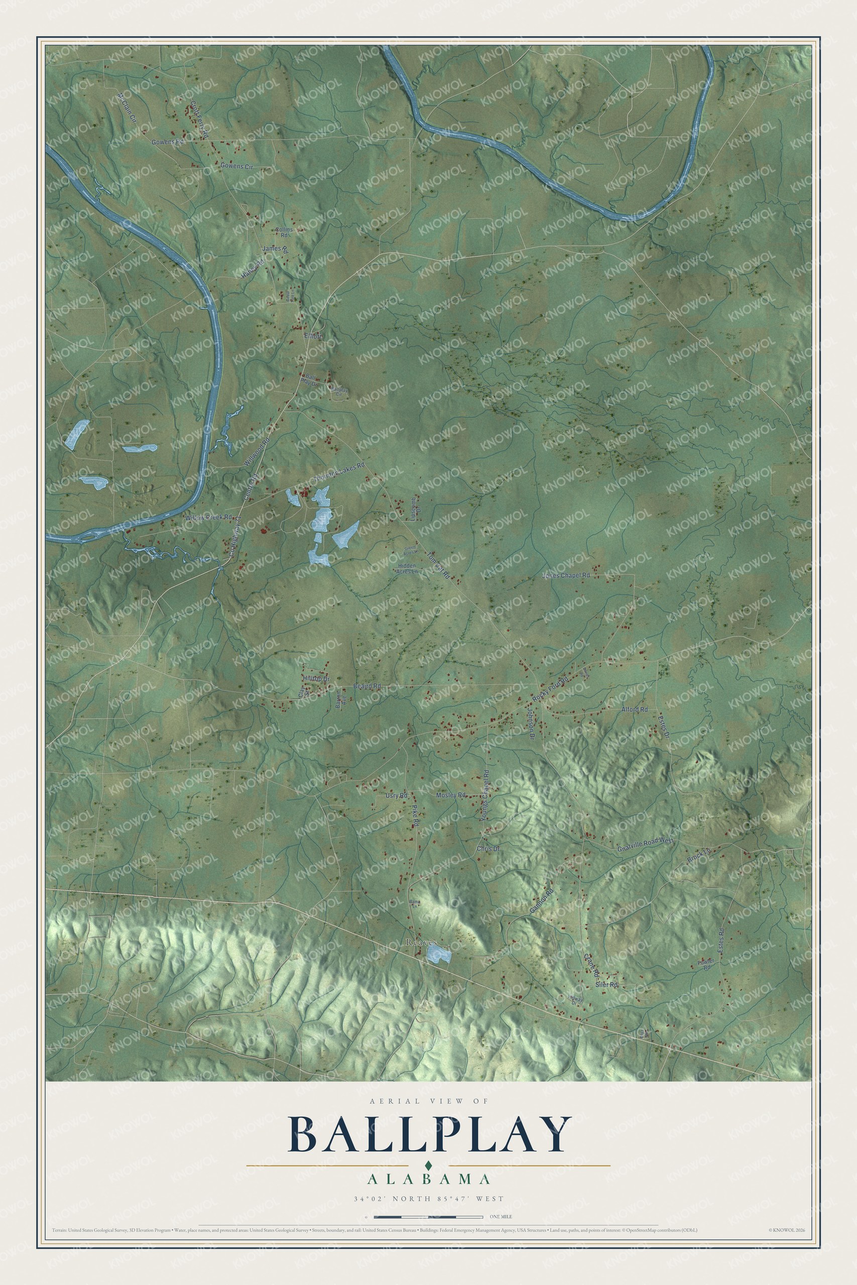 Full map of Ballplay, Alabama, with red buildings, printed street names and the land around them