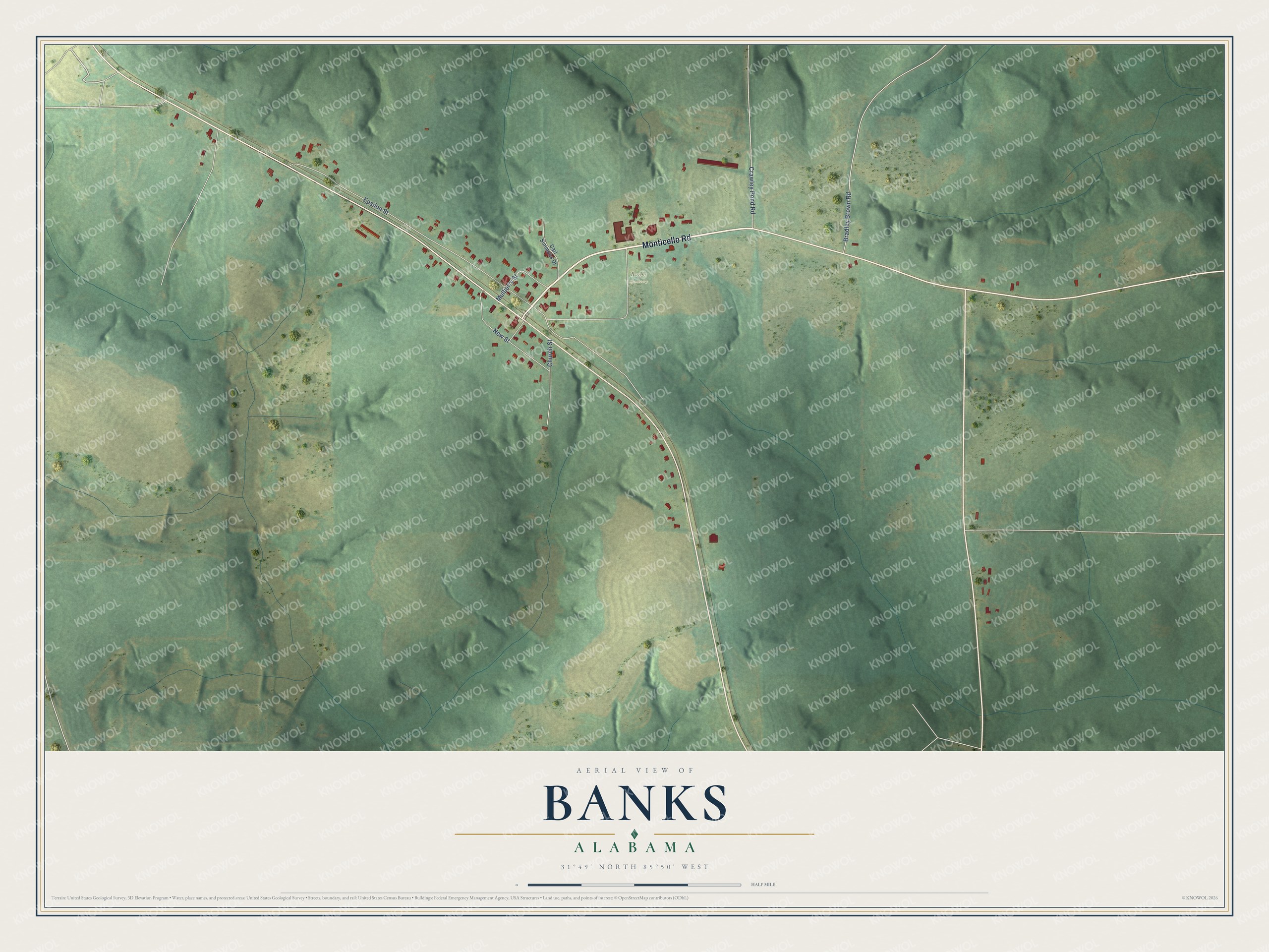 Full map of Banks, Alabama, with red buildings, printed street names and the land around them