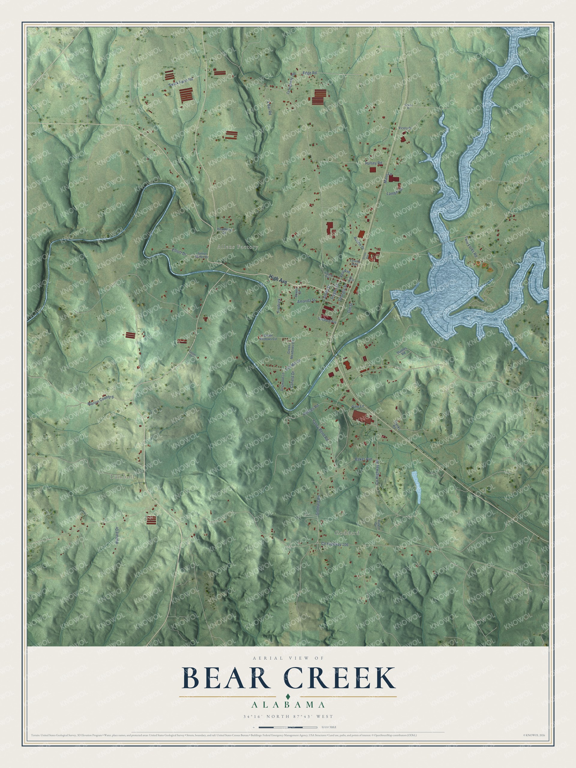 Full map of Bear Creek, Alabama, with red buildings, printed street names and the land around them