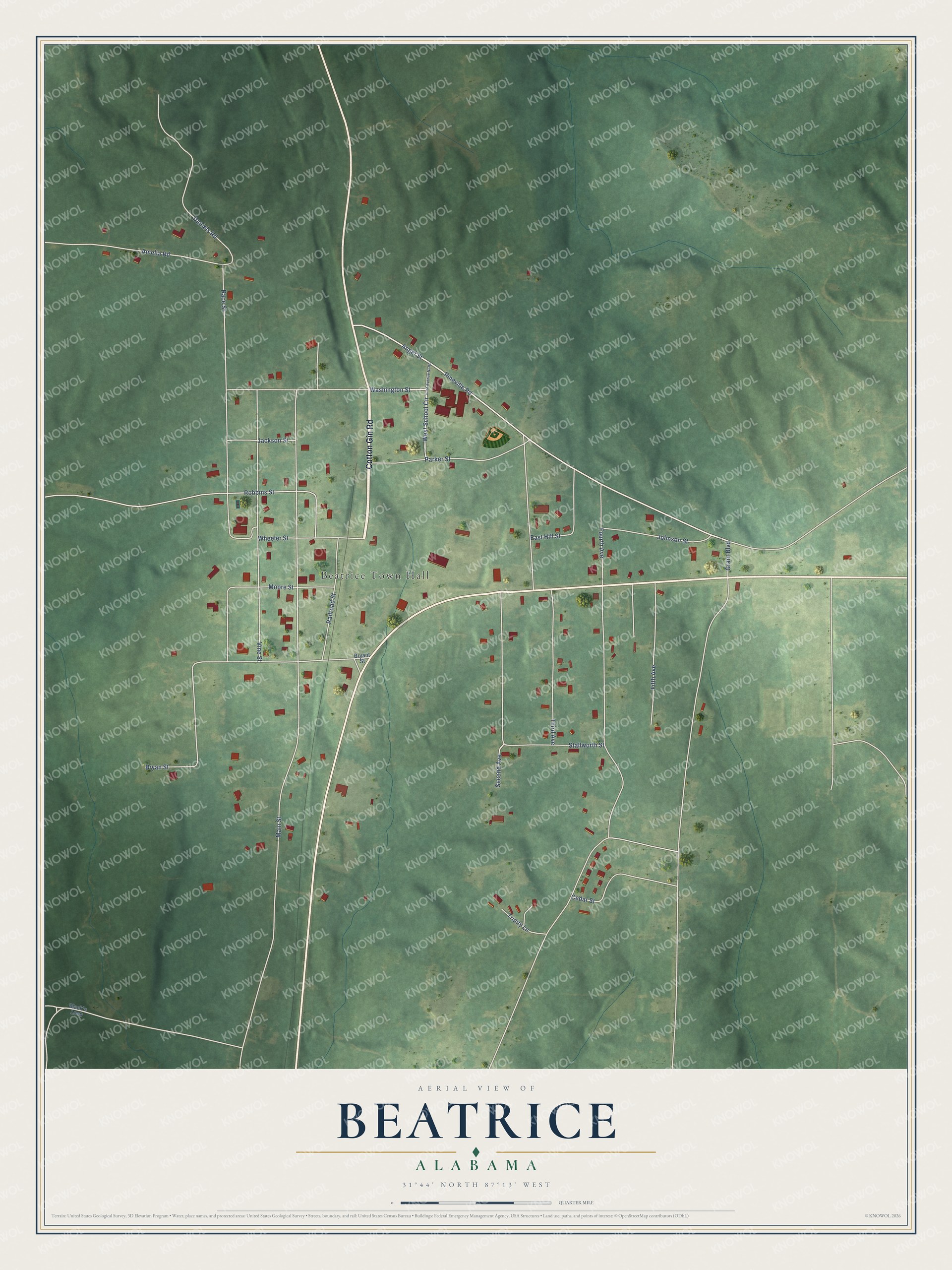 Full map of Beatrice, Alabama, with red buildings, printed street names and the land around them
