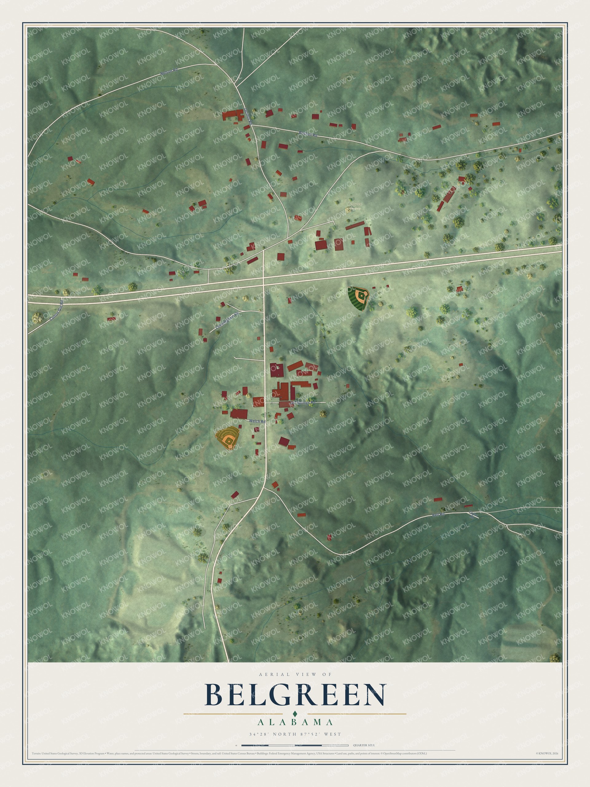 Full map of Belgreen, Alabama, with red buildings, printed street names and the land around them