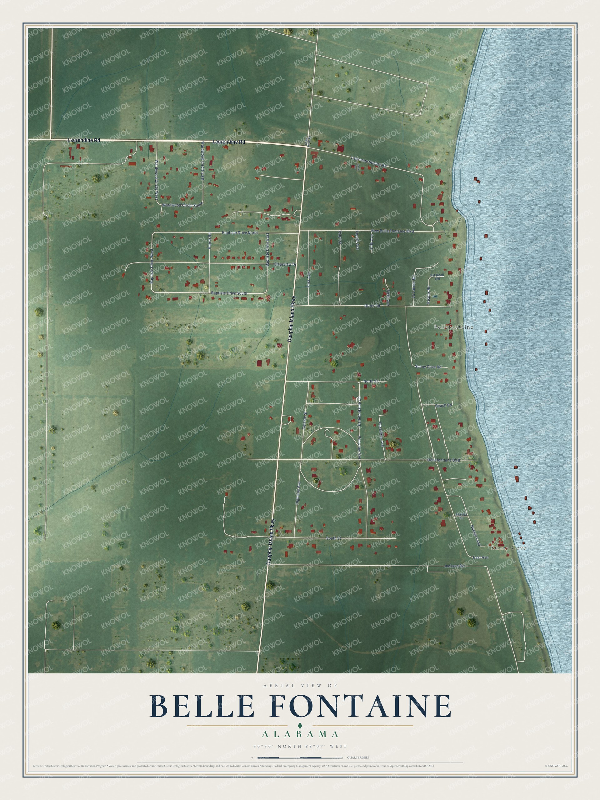 Full map of Belle Fontaine, Alabama, with red buildings, printed street names and the land around them