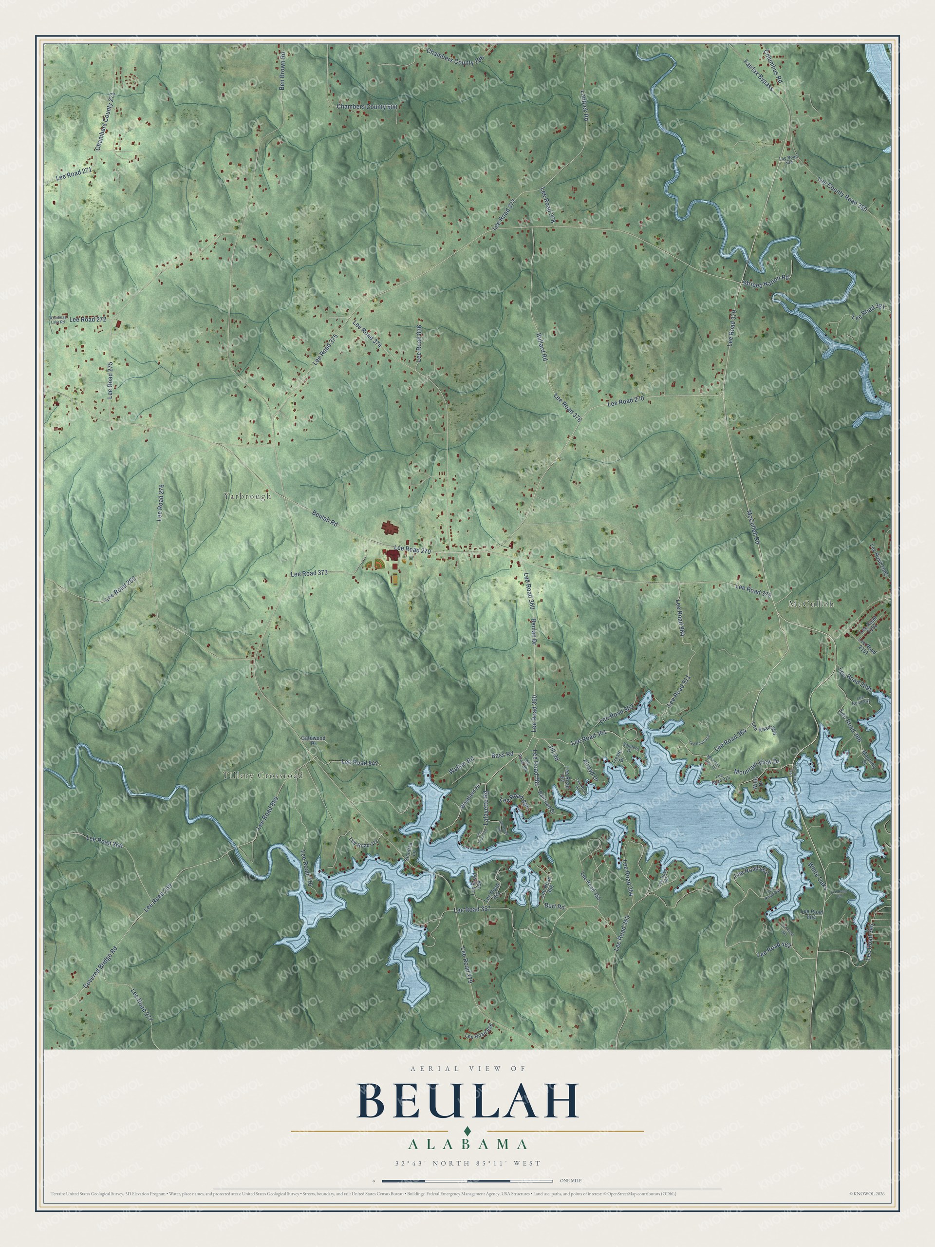 Full map of Beulah, Alabama, with red buildings, printed street names and the land around them