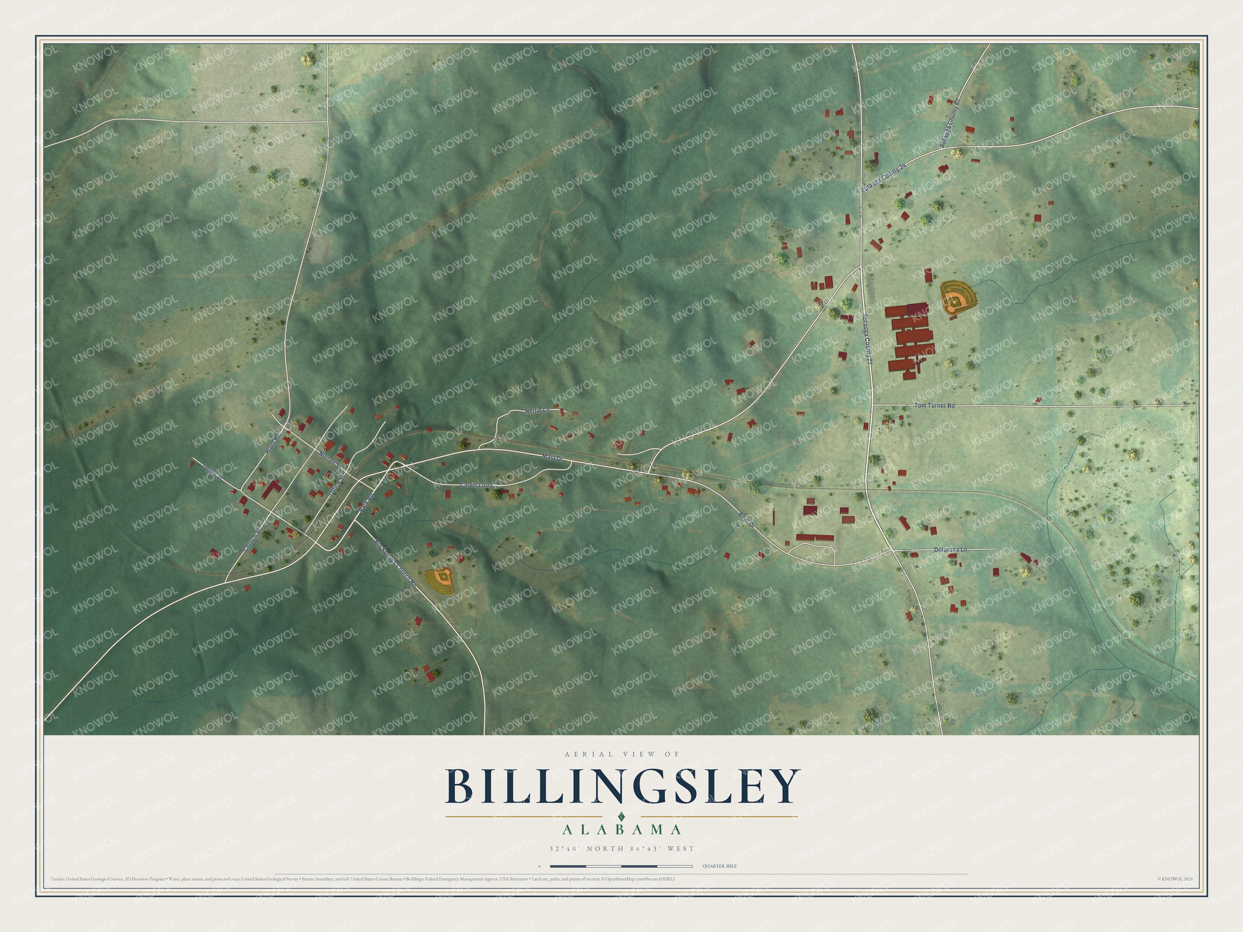Full map of Billingsley, Alabama, with red buildings, printed street names and the land around them
