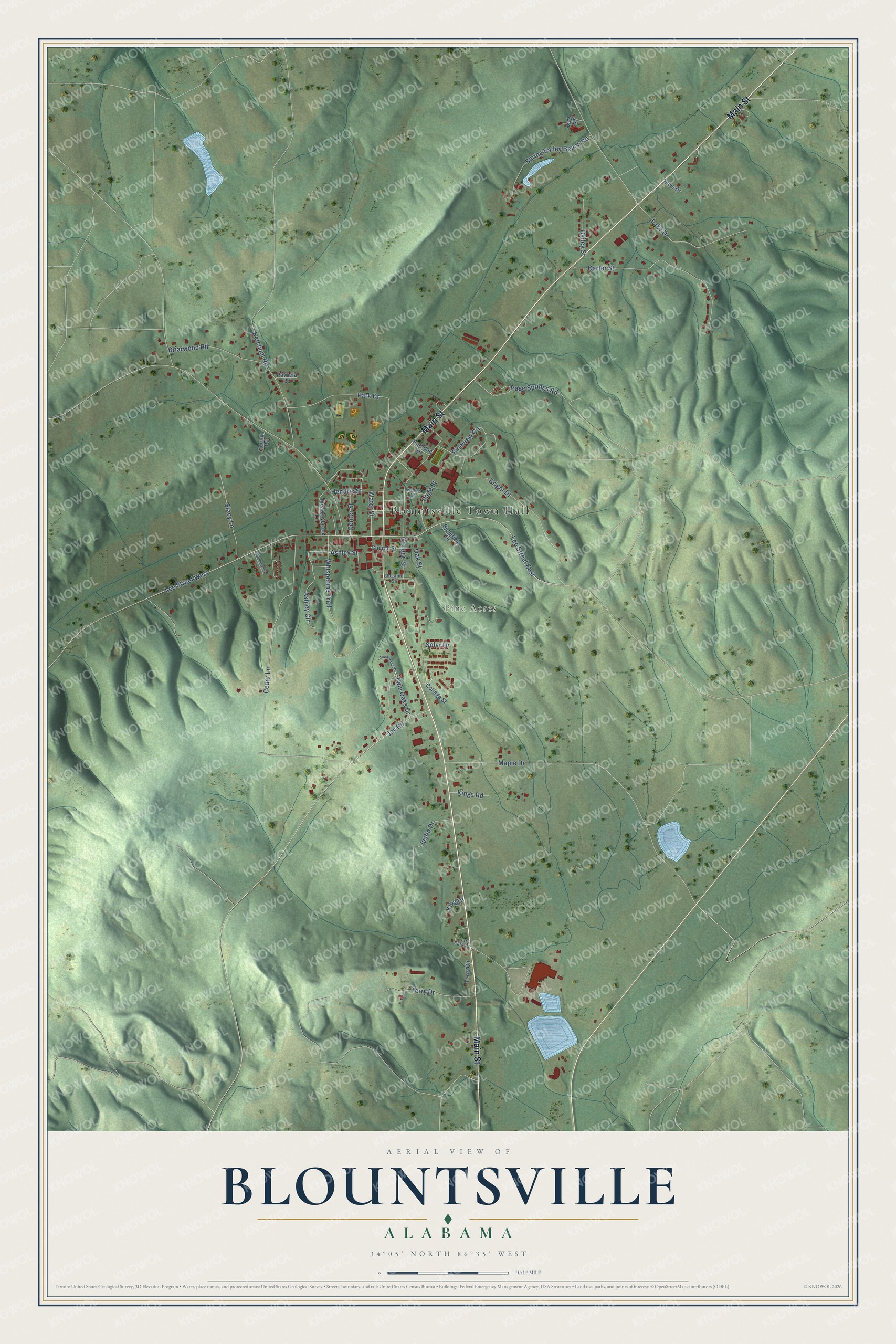 Full map of Blountsville, Alabama, with red buildings, printed street names and the land around them