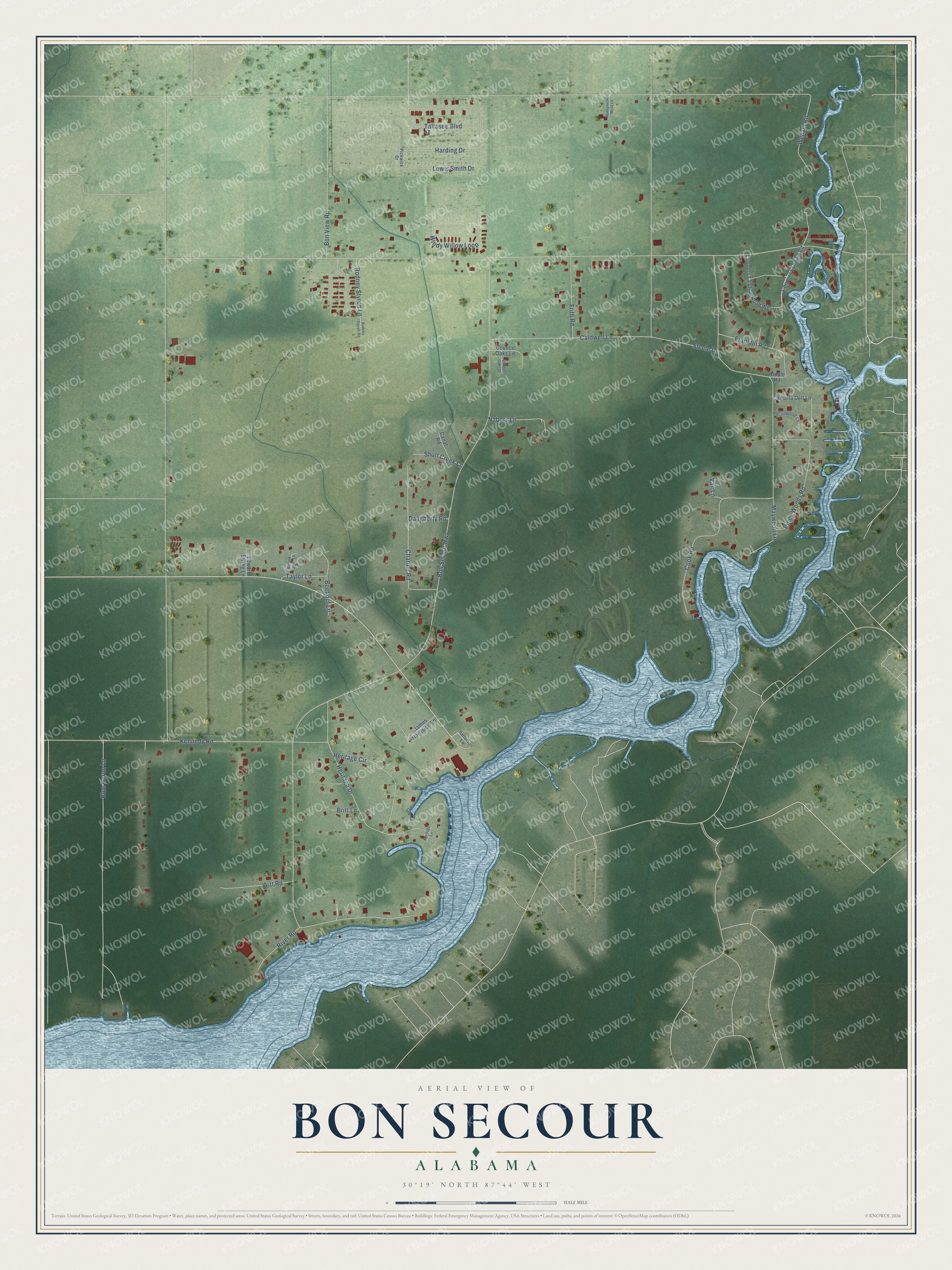 Full map of Bon Secour, Alabama, with red buildings, printed street names and the land around them