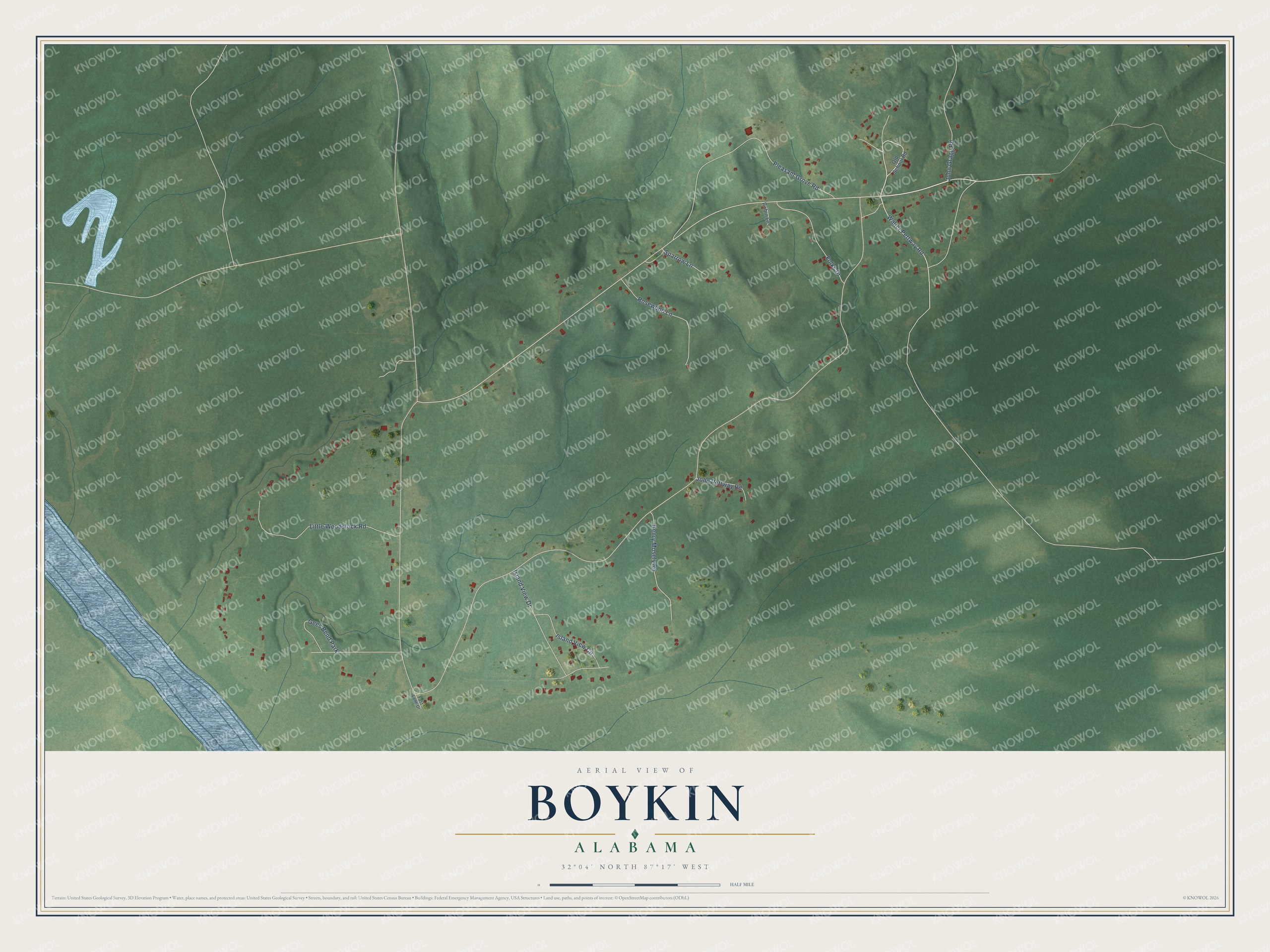 Full map of Boykin, Alabama, with red buildings, printed street names and the land around them