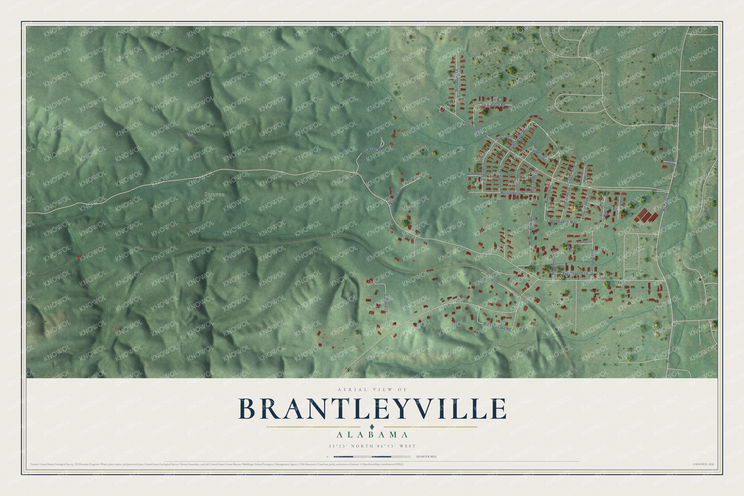 Full map of Brantleyville, Alabama, with red buildings, printed street names and the land around them