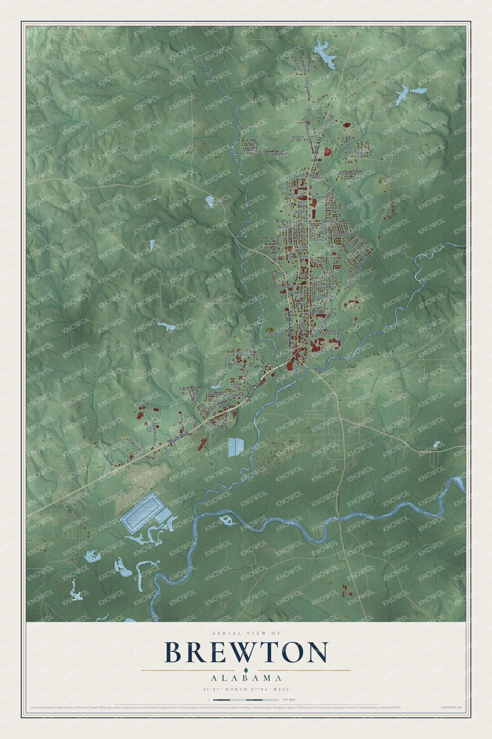 Full map of Brewton, Alabama, with red buildings, printed street names and the land around them