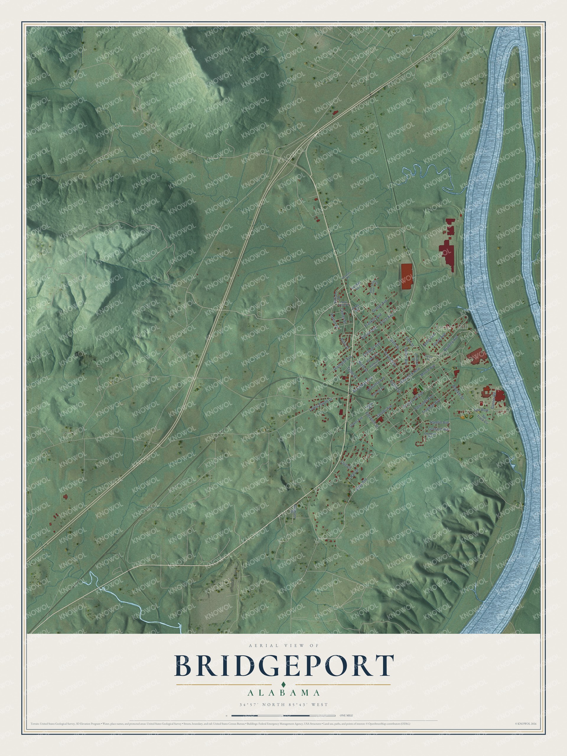 Full map of Bridgeport, Alabama, with red buildings, printed street names and the land around them