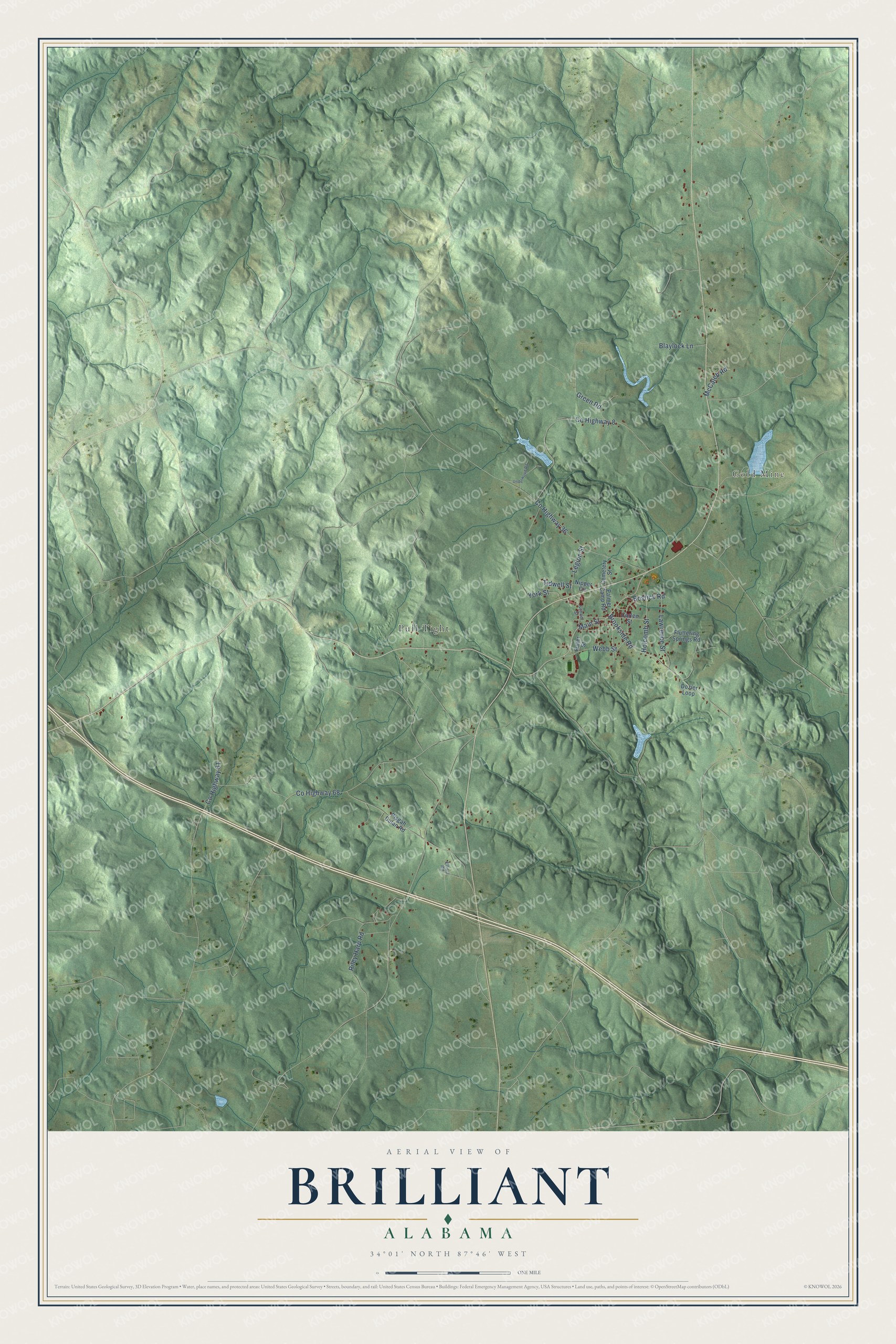 Full map of Brilliant, Alabama, with red buildings, printed street names and the land around them