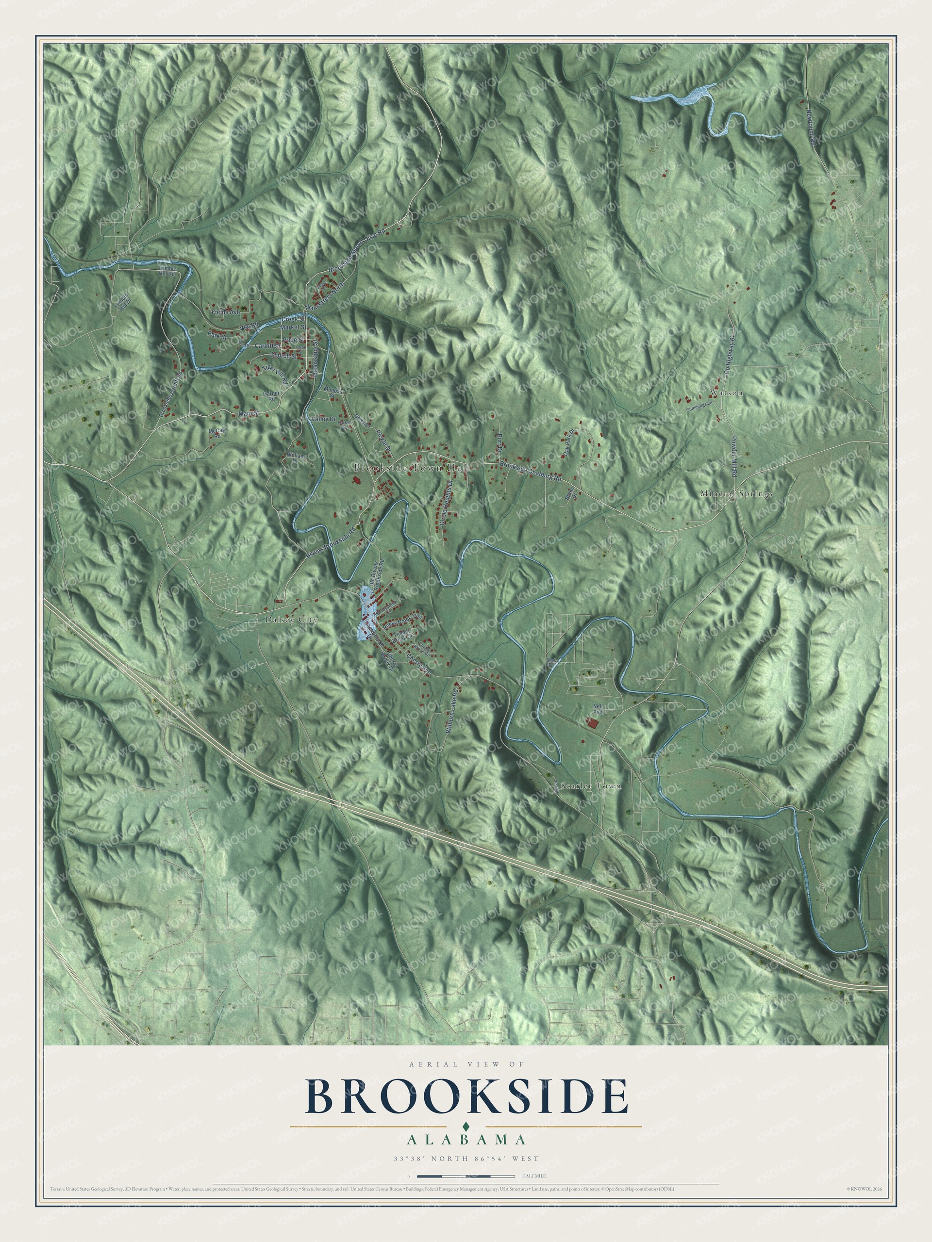 Full map of Brookside, Alabama, with red buildings, printed street names and the land around them