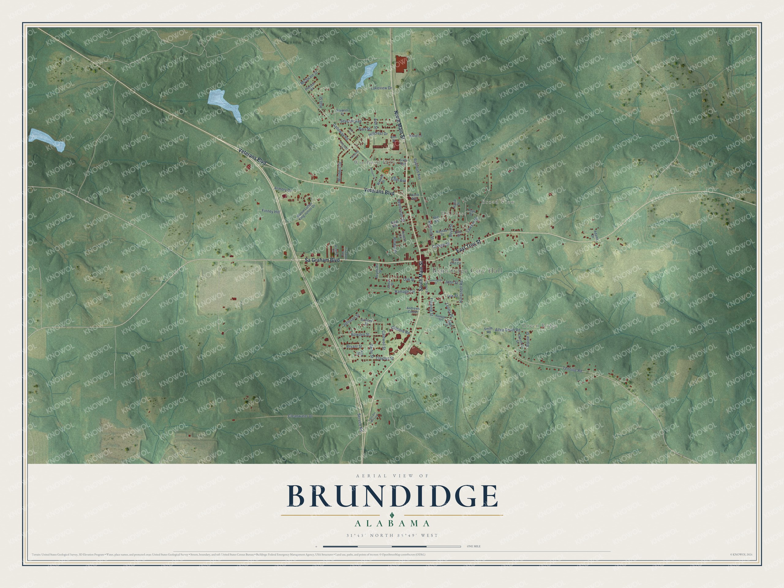 Full map of Brundidge, Alabama, with red buildings, printed street names and the land around them