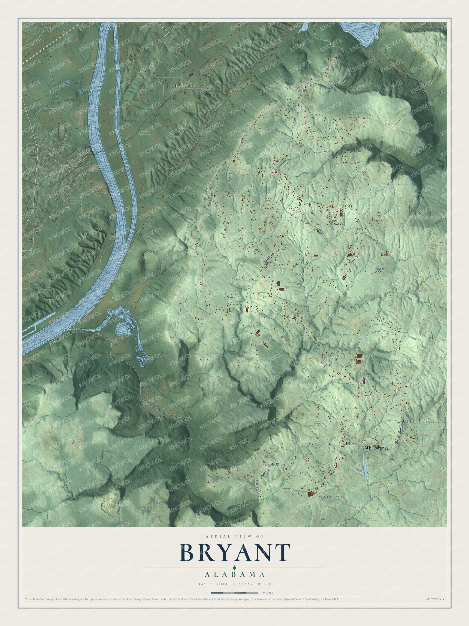 Full map of Bryant, Alabama, with red buildings, printed street names and the land around them