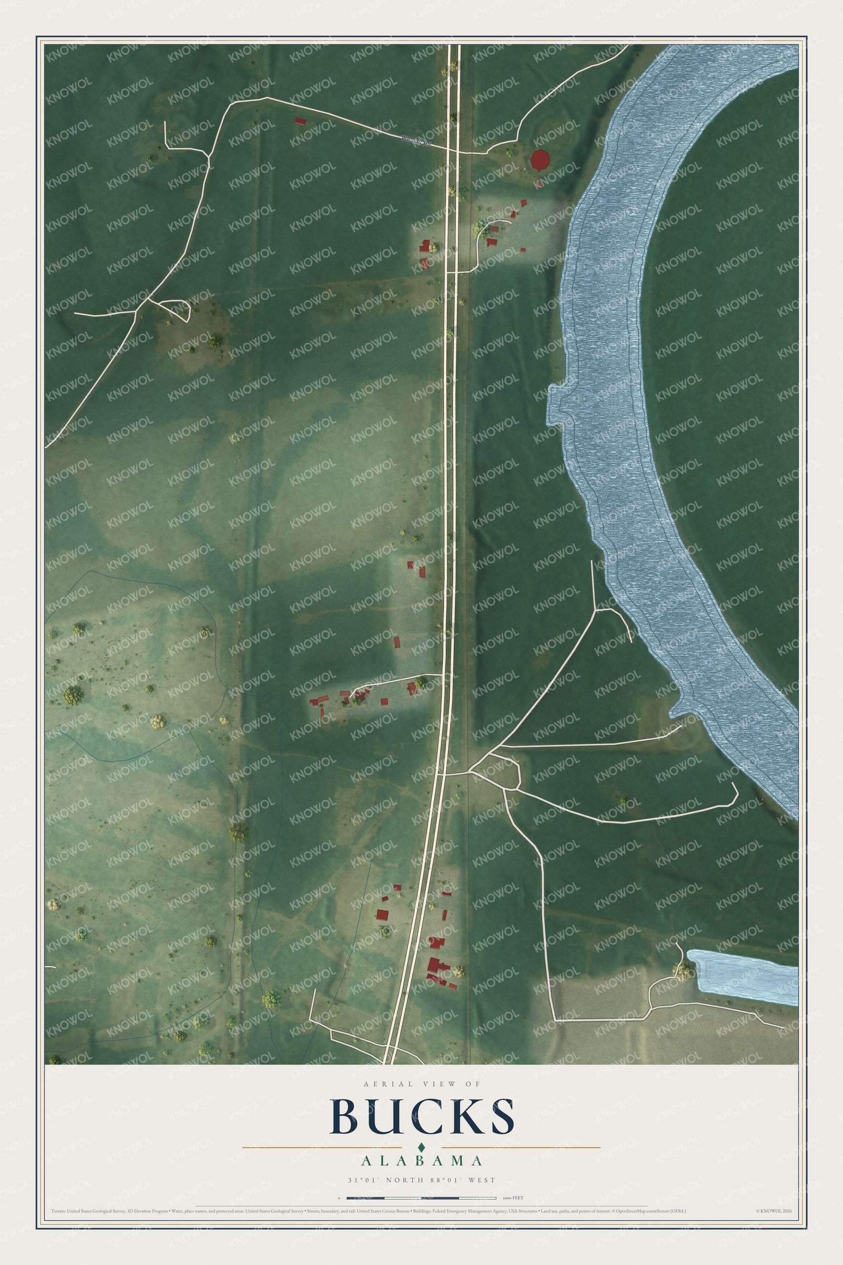 Full map of Bucks, Alabama, with red buildings, printed street names and the land around them