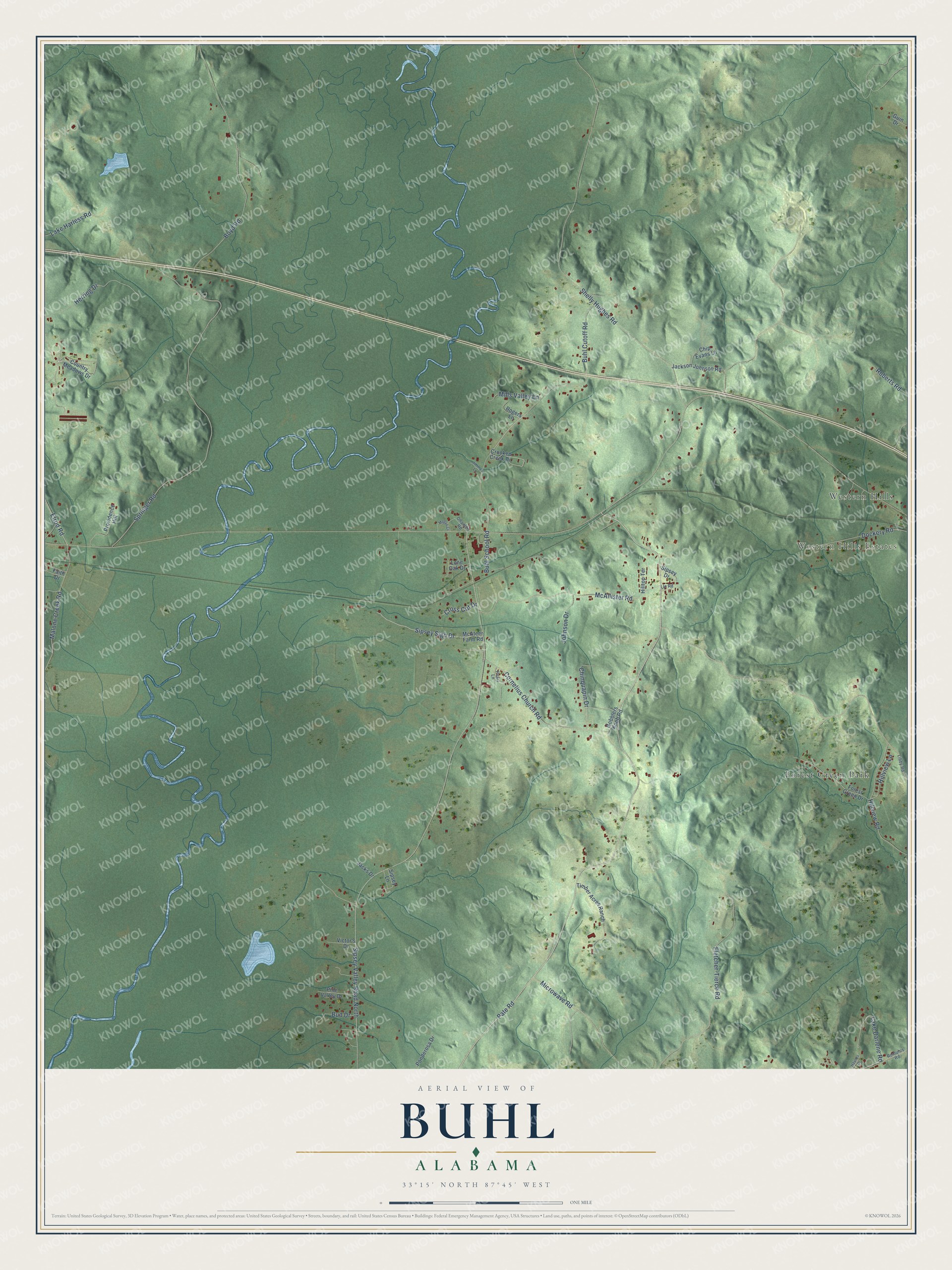Full map of Buhl, Alabama, with red buildings, printed street names and the land around them