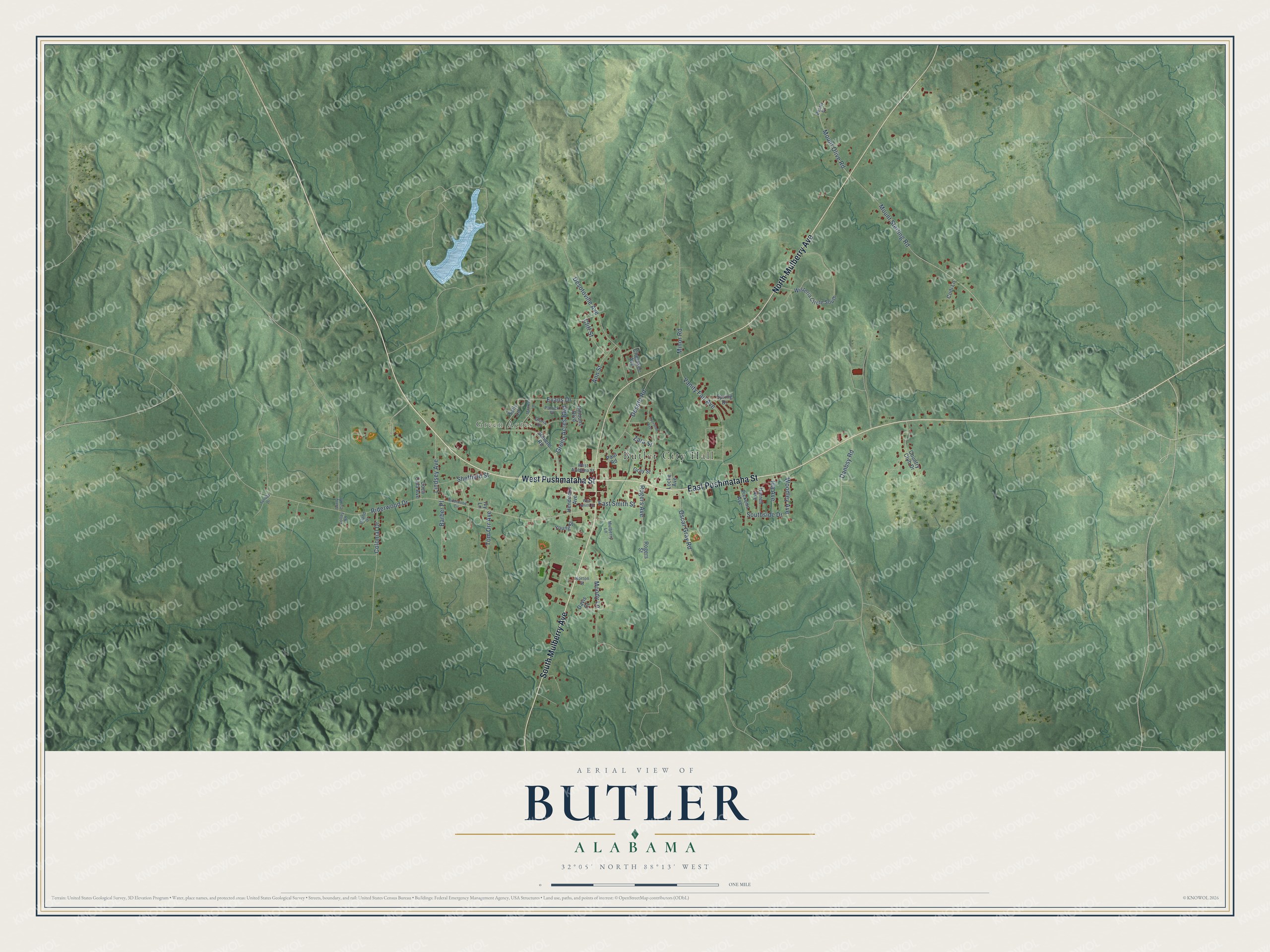 Full map of Butler, Alabama, with red buildings, printed street names and the land around them