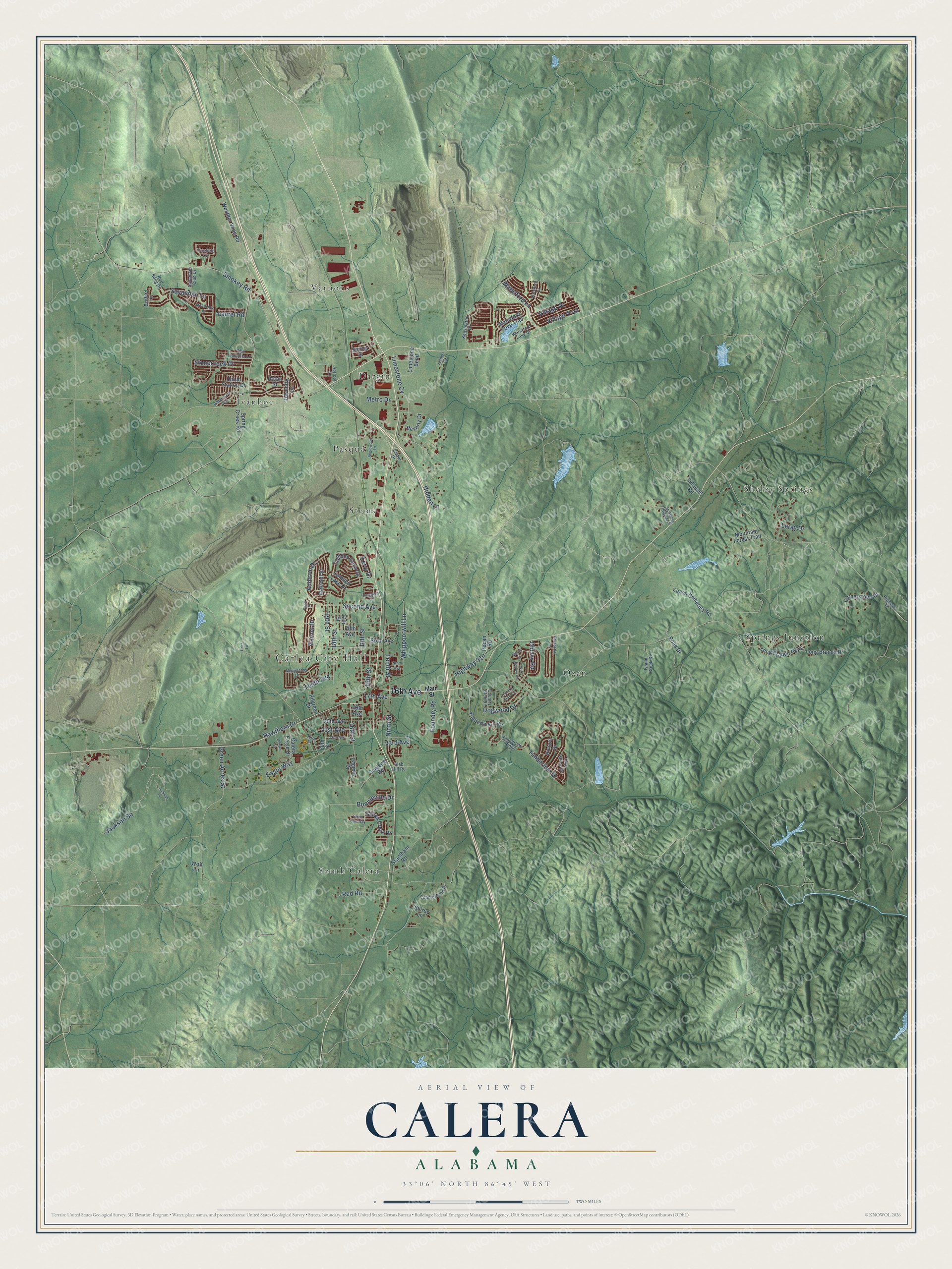 Full map of Calera, Alabama, with red buildings, printed street names and the land around them