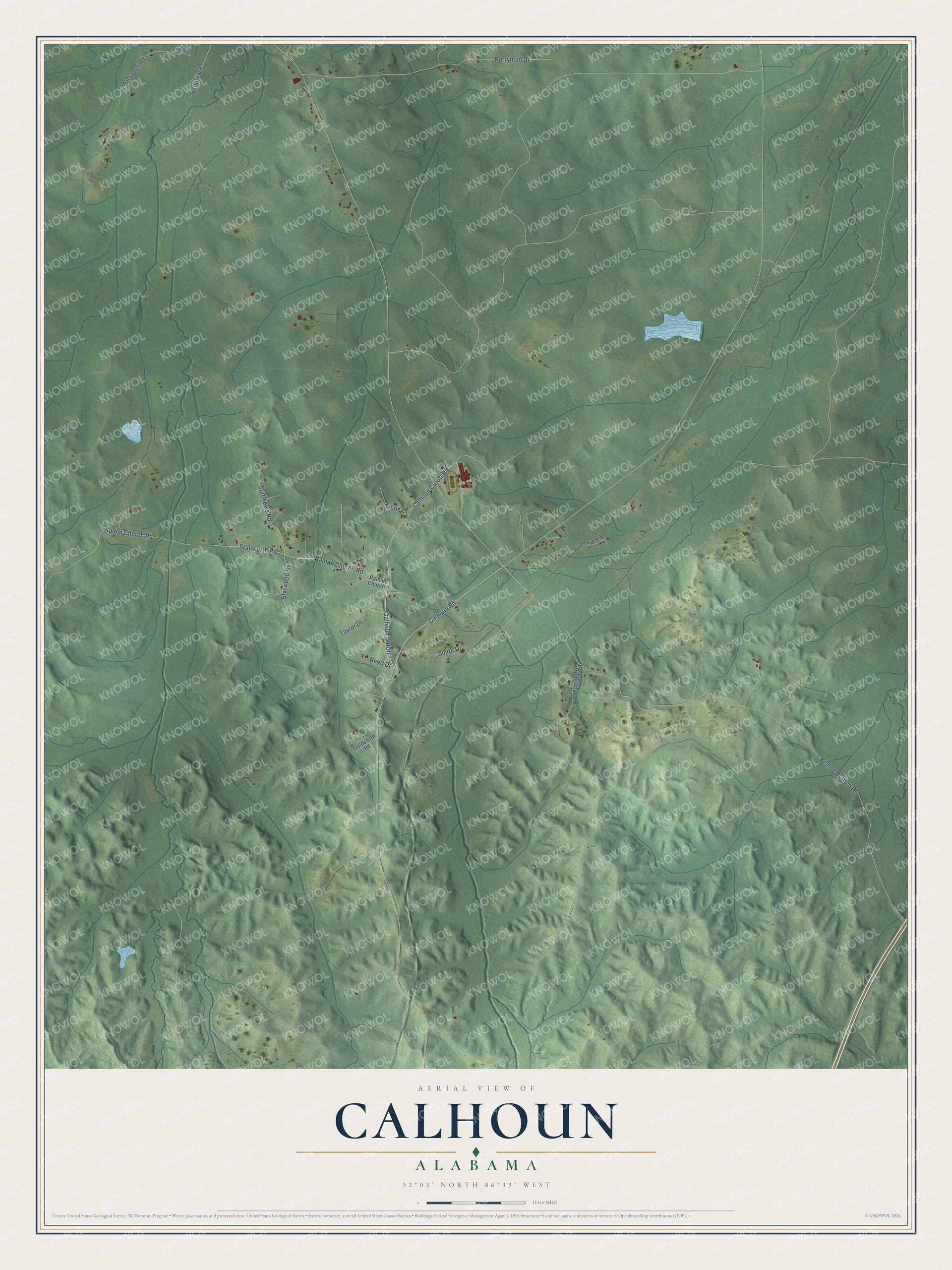 Full map of Calhoun, Alabama, with red buildings, printed street names and the land around them