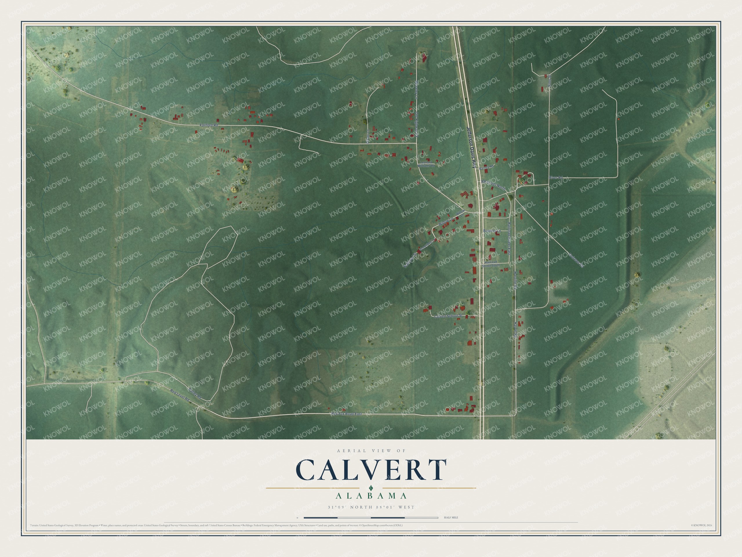Full map of Calvert, Alabama, with red buildings, printed street names and the land around them