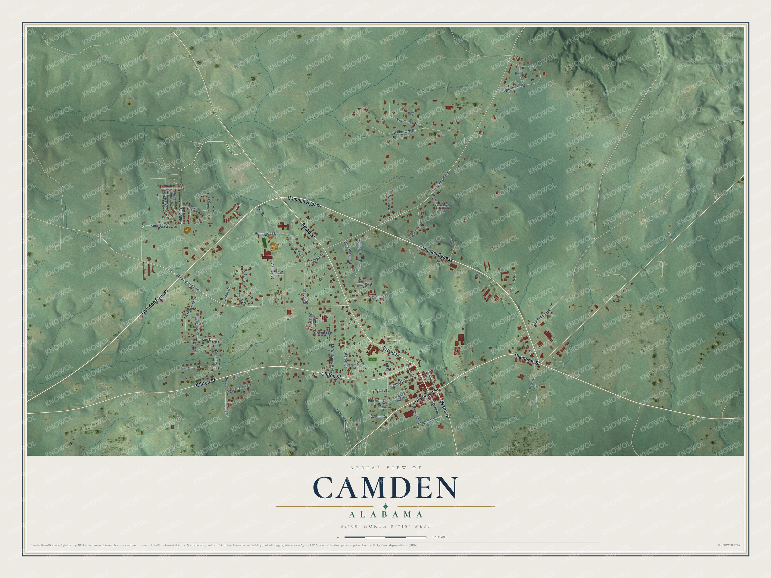 Full map of Camden, Alabama, with red buildings, printed street names and the land around them