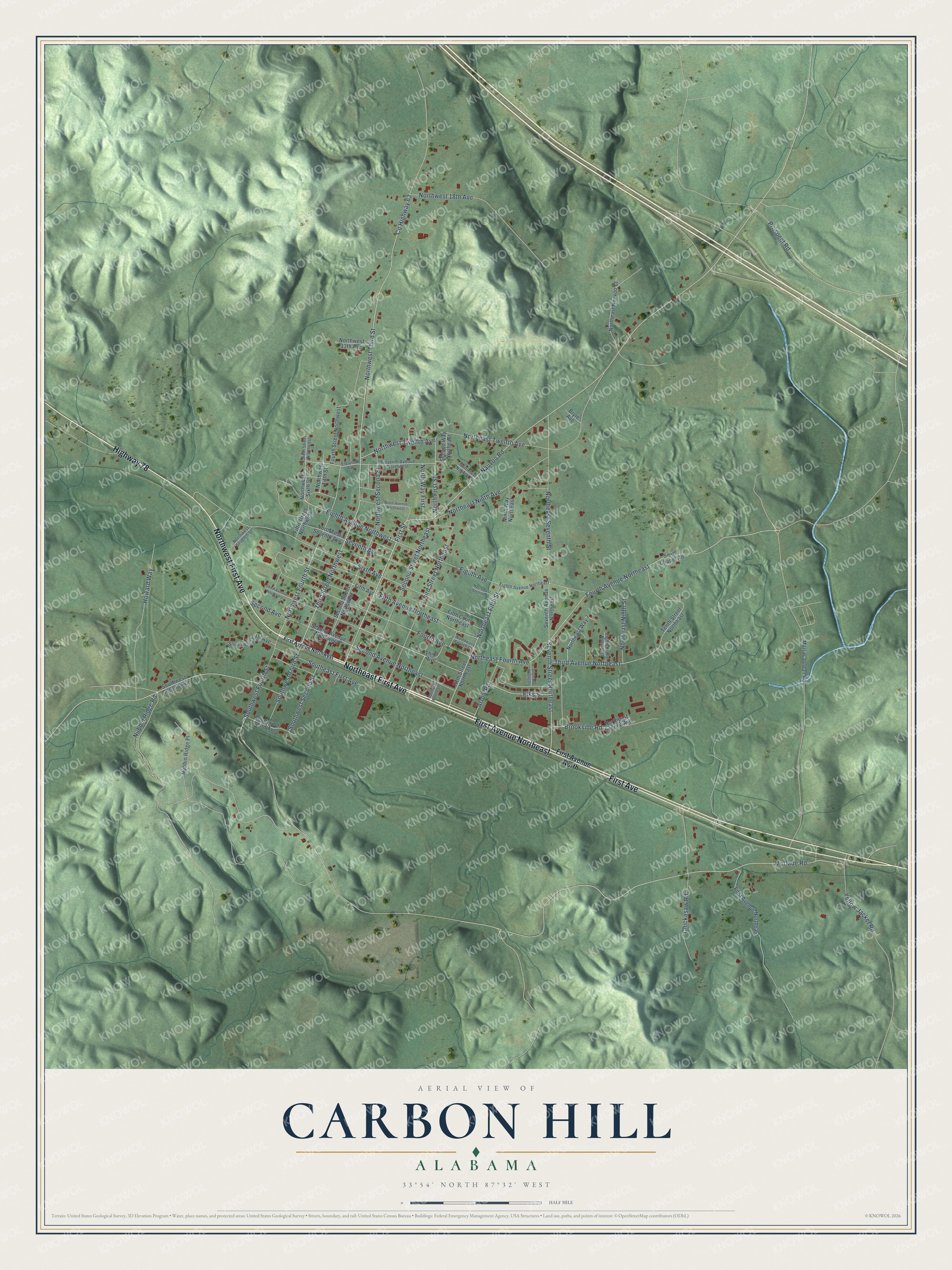 Full map of Carbon Hill, Alabama, with red buildings, printed street names and the land around them