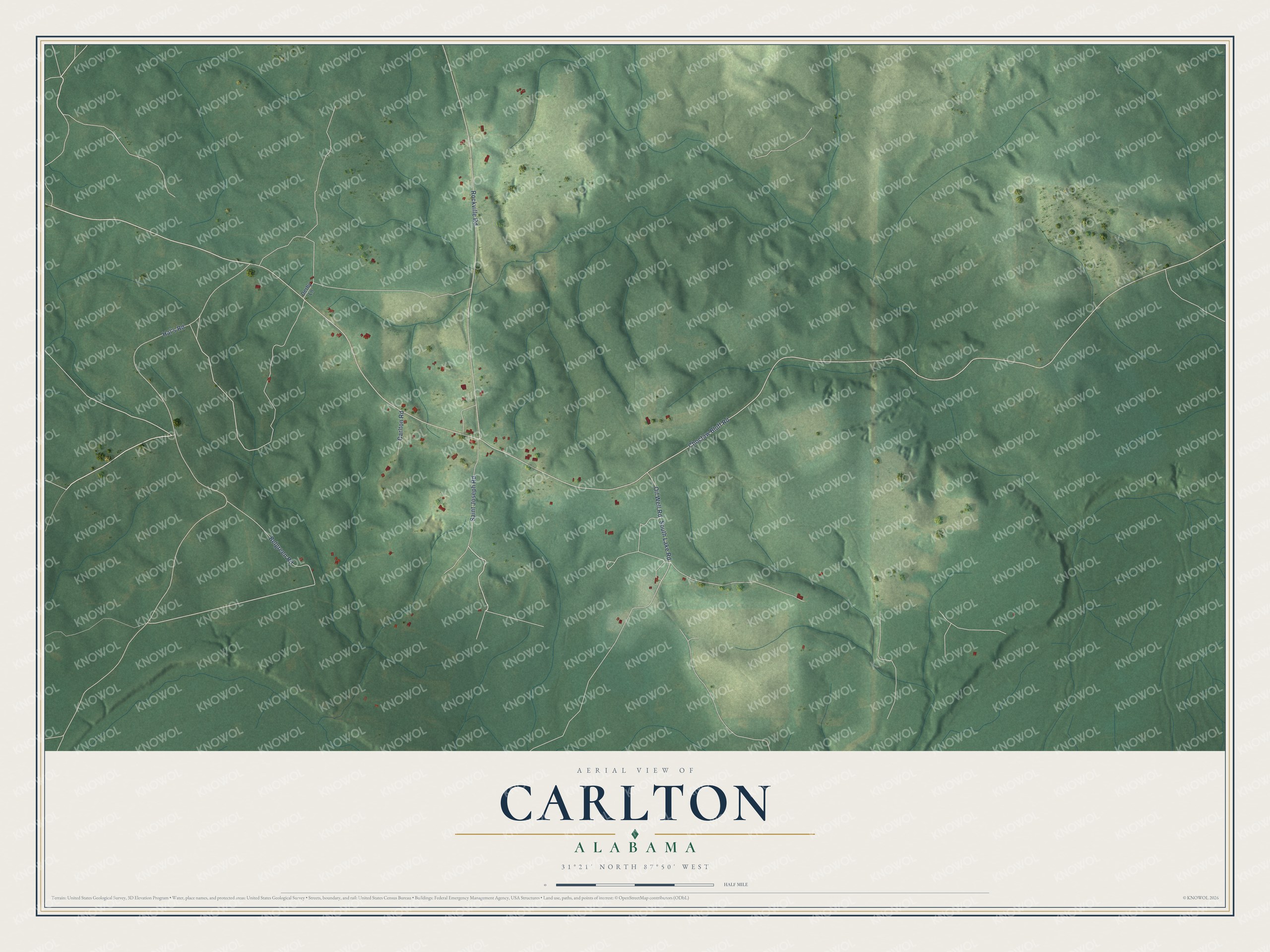 Full map of Carlton, Alabama, with red buildings, printed street names and the land around them