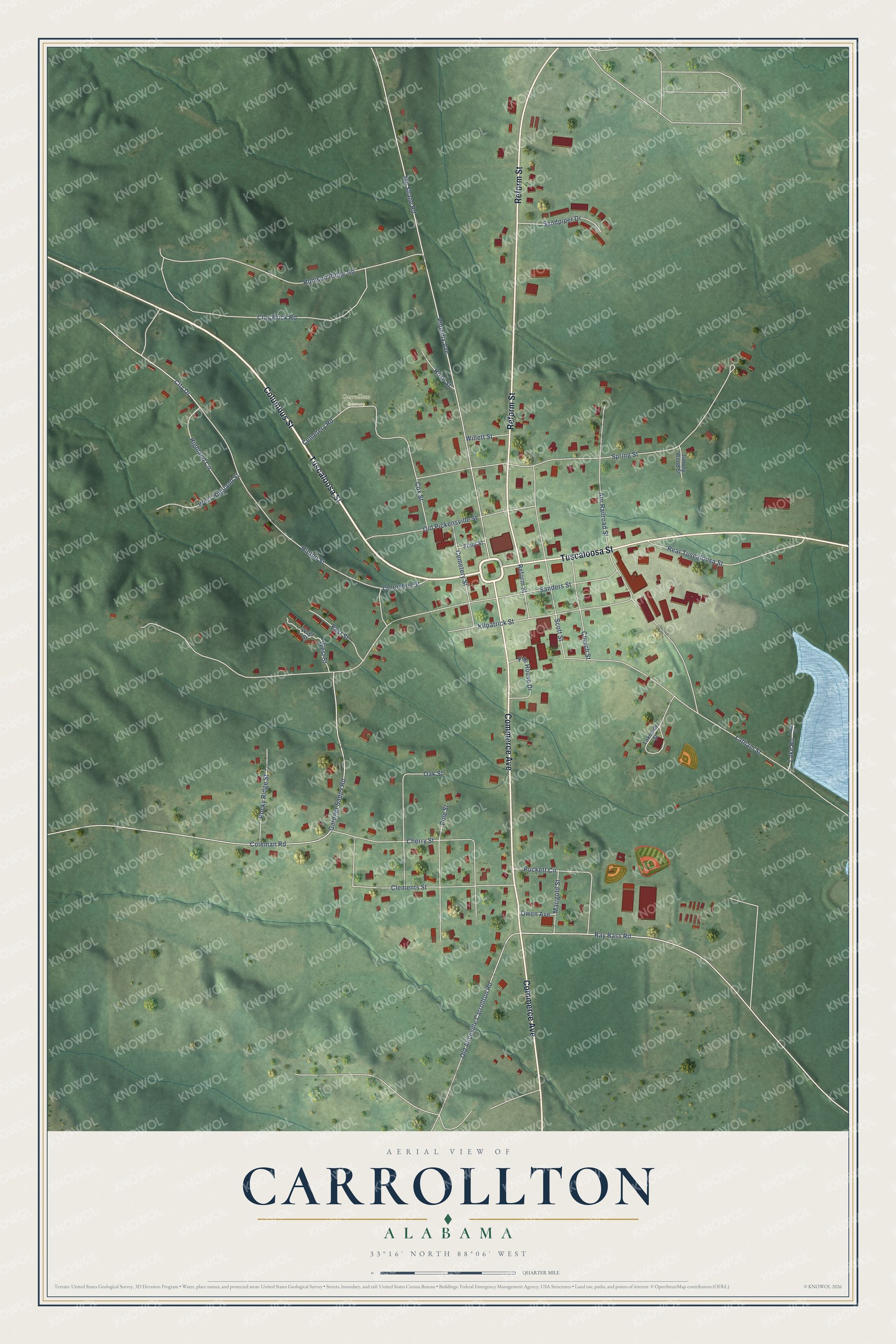 Full map of Carrollton, Alabama, with red buildings, printed street names and the land around them