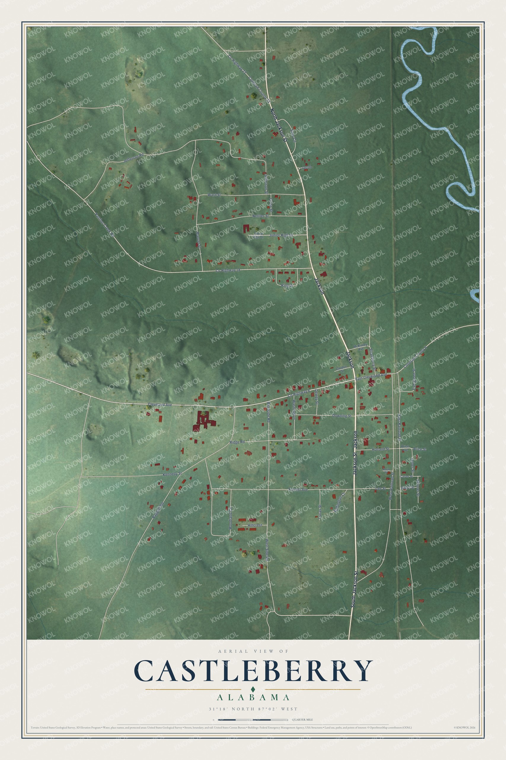 Full map of Castleberry, Alabama, with red buildings, printed street names and the land around them
