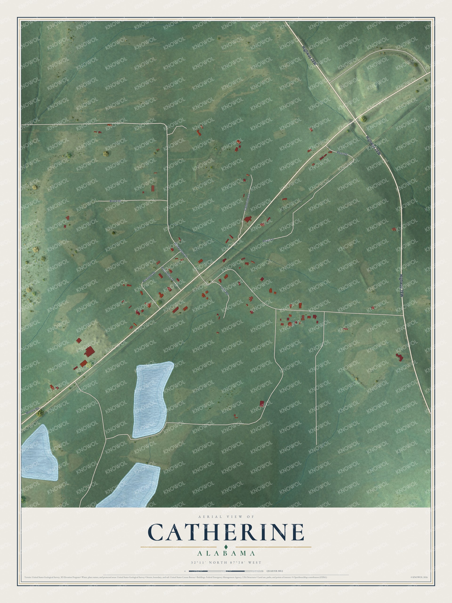 Full map of Catherine, Alabama, with red buildings, printed street names and the land around them