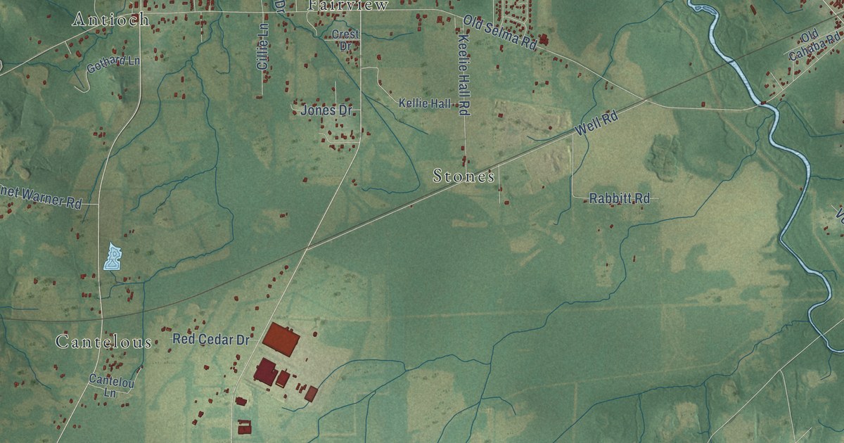 Close-up of streets and buildings in Catoma, Alabama