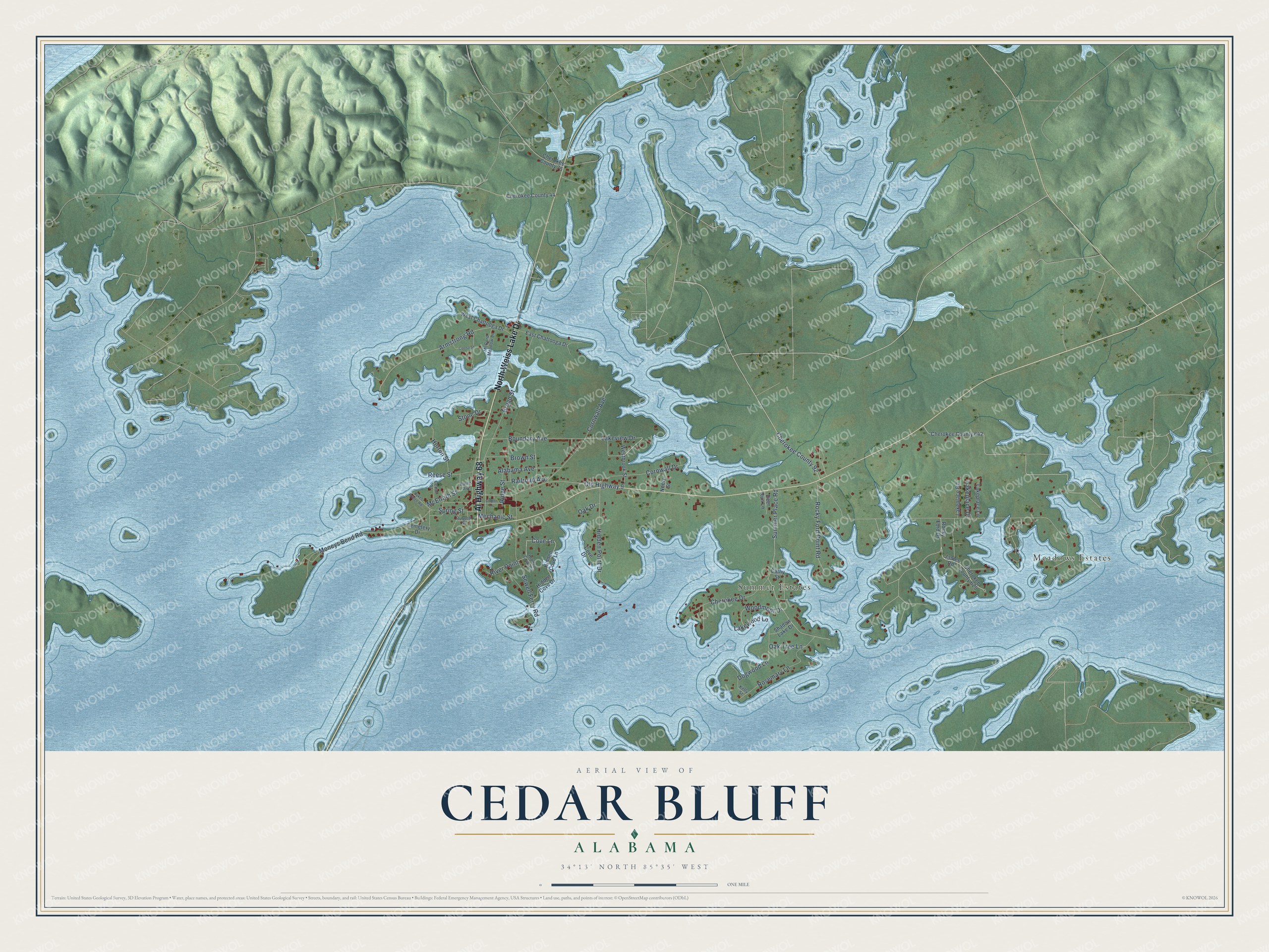 Full map of Cedar Bluff, Alabama, with red buildings, printed street names and the land around them